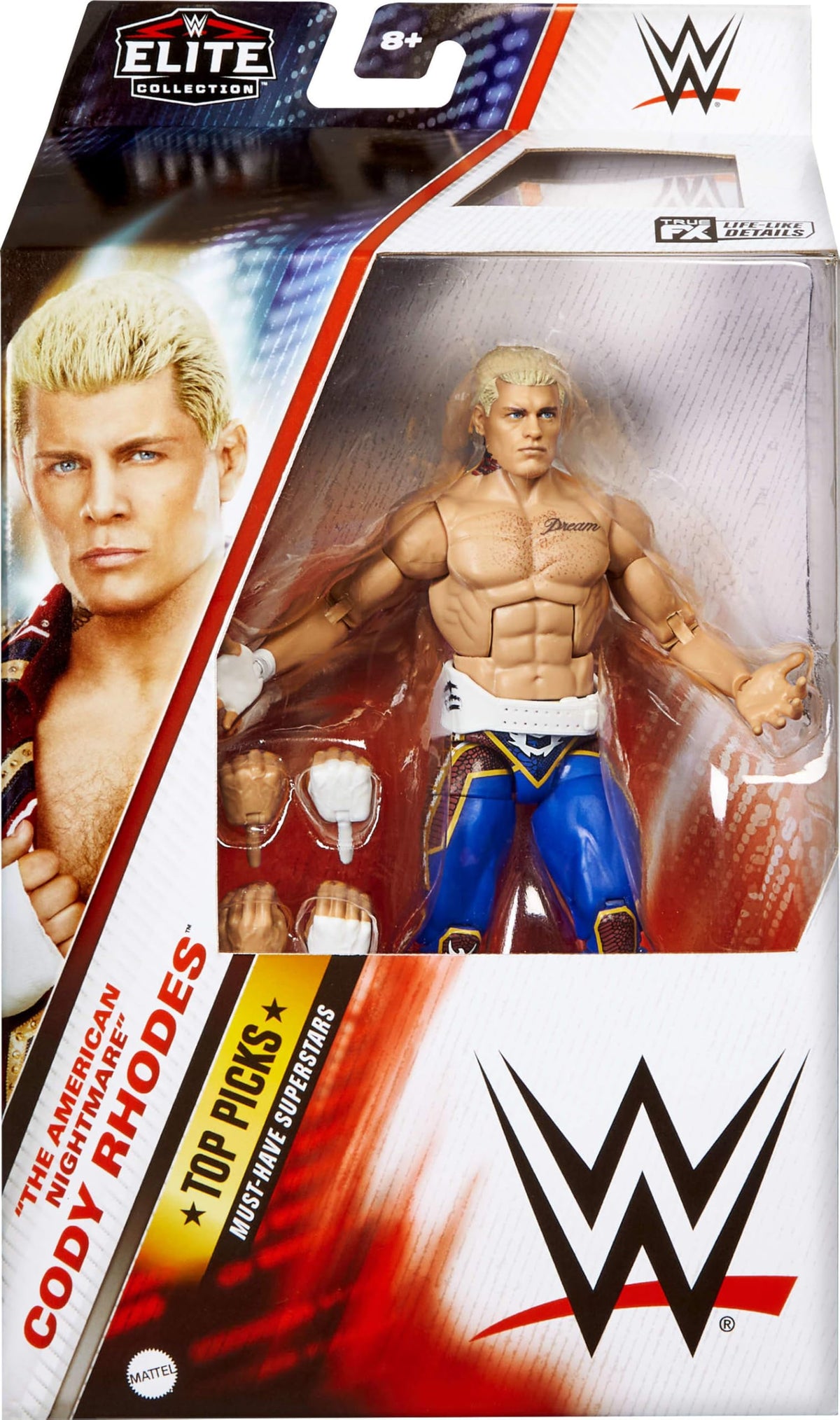 Mattel WWE Top Picks Elite Action Figure & Accessories Set, “The American Nightmare” Cody Rhodes 6-inch Collectible with Swappable Hands, Ring Gear &