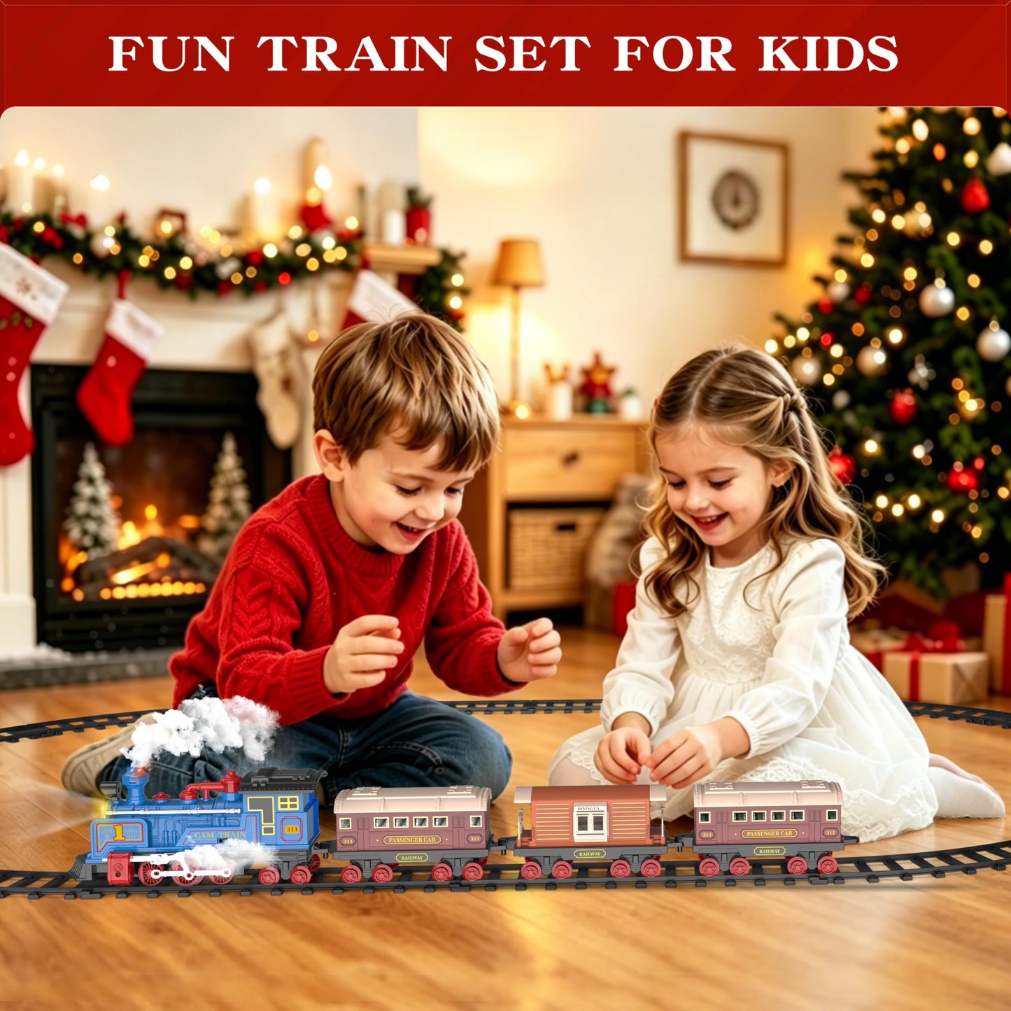 Electric Toy Train Set for Kids w/Smoke, Lights & Sound, Train Toys w/Locomotive, 12 Tracks Accessories, 3 Passenger Carriages, Toddler Model Trains