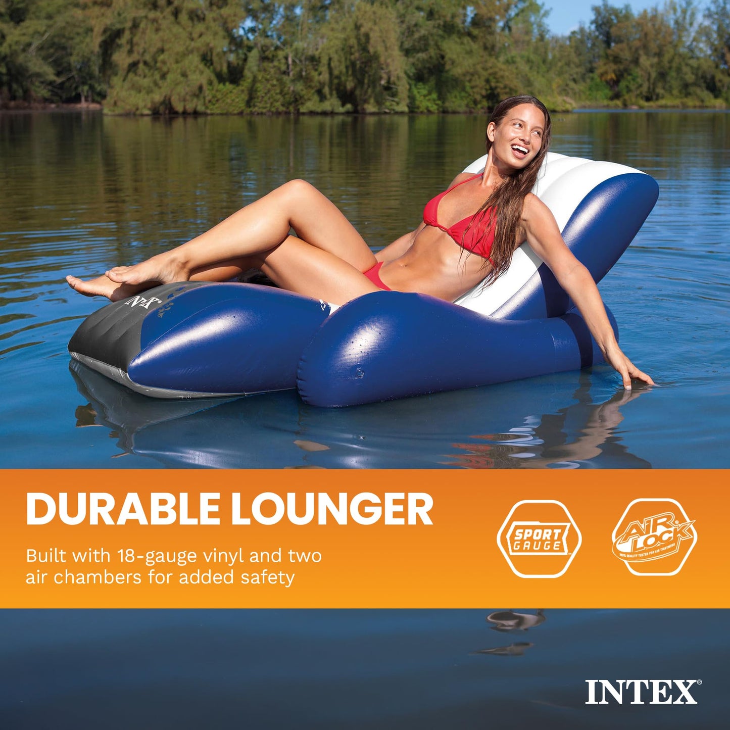 Intex Inflatable Lounge Pool Recliner Lounger Chair with Cup Holders - Heavy-Duty Float Raft for Adults, 220 Lb Capacity Large Floating Tanning Chair