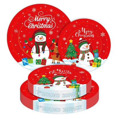 40 Pcs Merry Christmas Paper Plates - Disposable Red Christmas Plates, Cute Snowman Xmas Tree Dinner Dessert Plate Tableware Kit for Winter Xmas Party