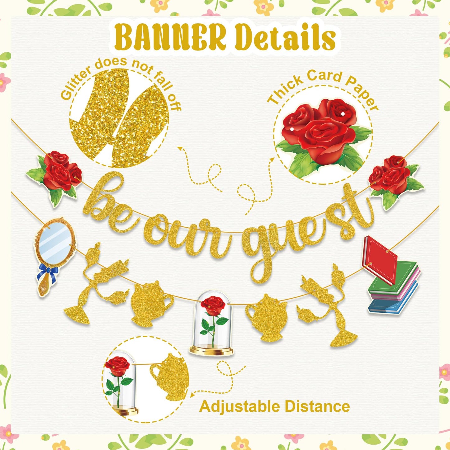 QAMEGX Gold Be Our Guest Banner, Glitter Cartoon Princess Birthday banner Cartoon Theme Party Banner Baby Shower Birthday Party Decorations For Girls