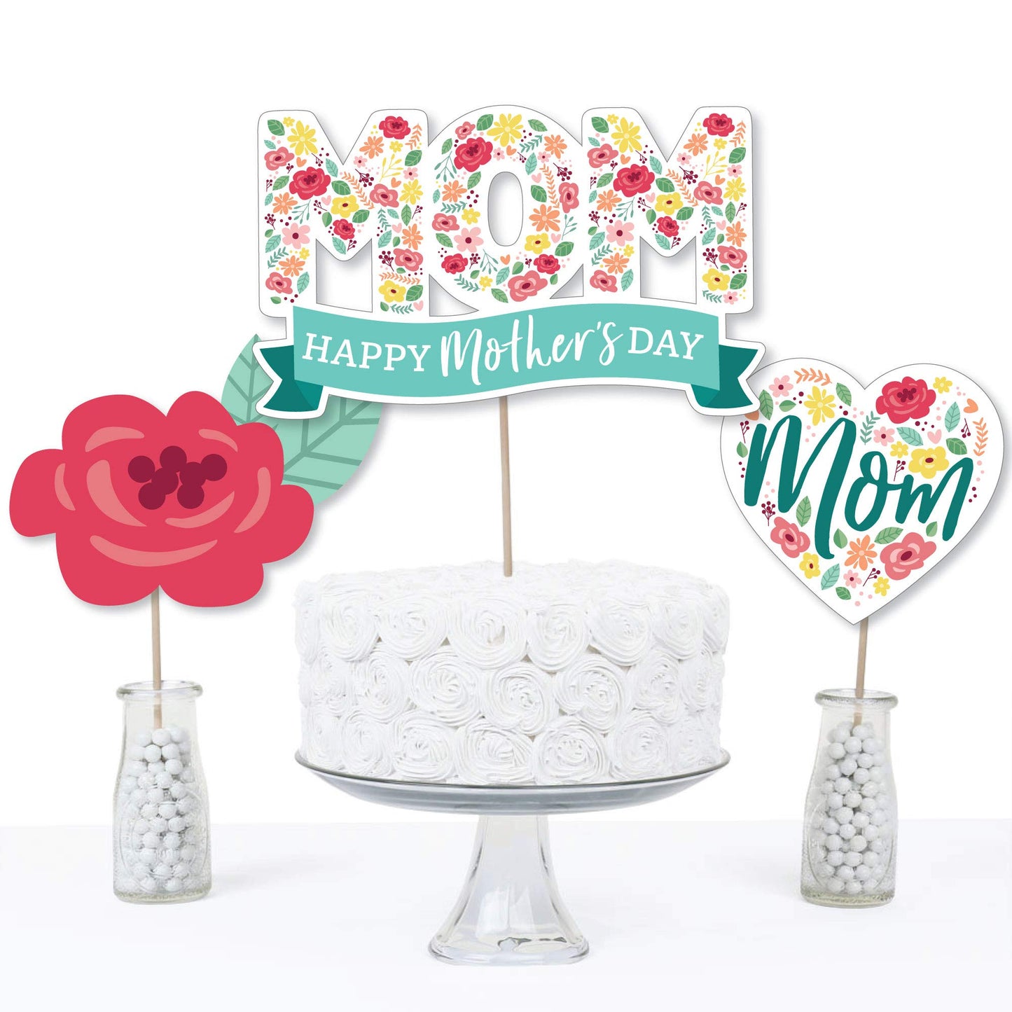 Big Dot of Happiness Colorful Floral Happy Mother's Day - We Love Mom Party Centerpiece Sticks - Table Toppers - Set of 15