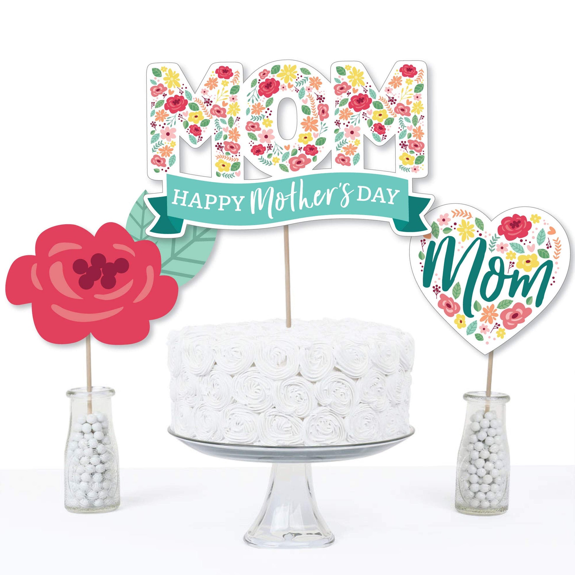 Big Dot of Happiness Colorful Floral Happy Mother's Day - We Love Mom Party Centerpiece Sticks - Table Toppers - Set of 15
