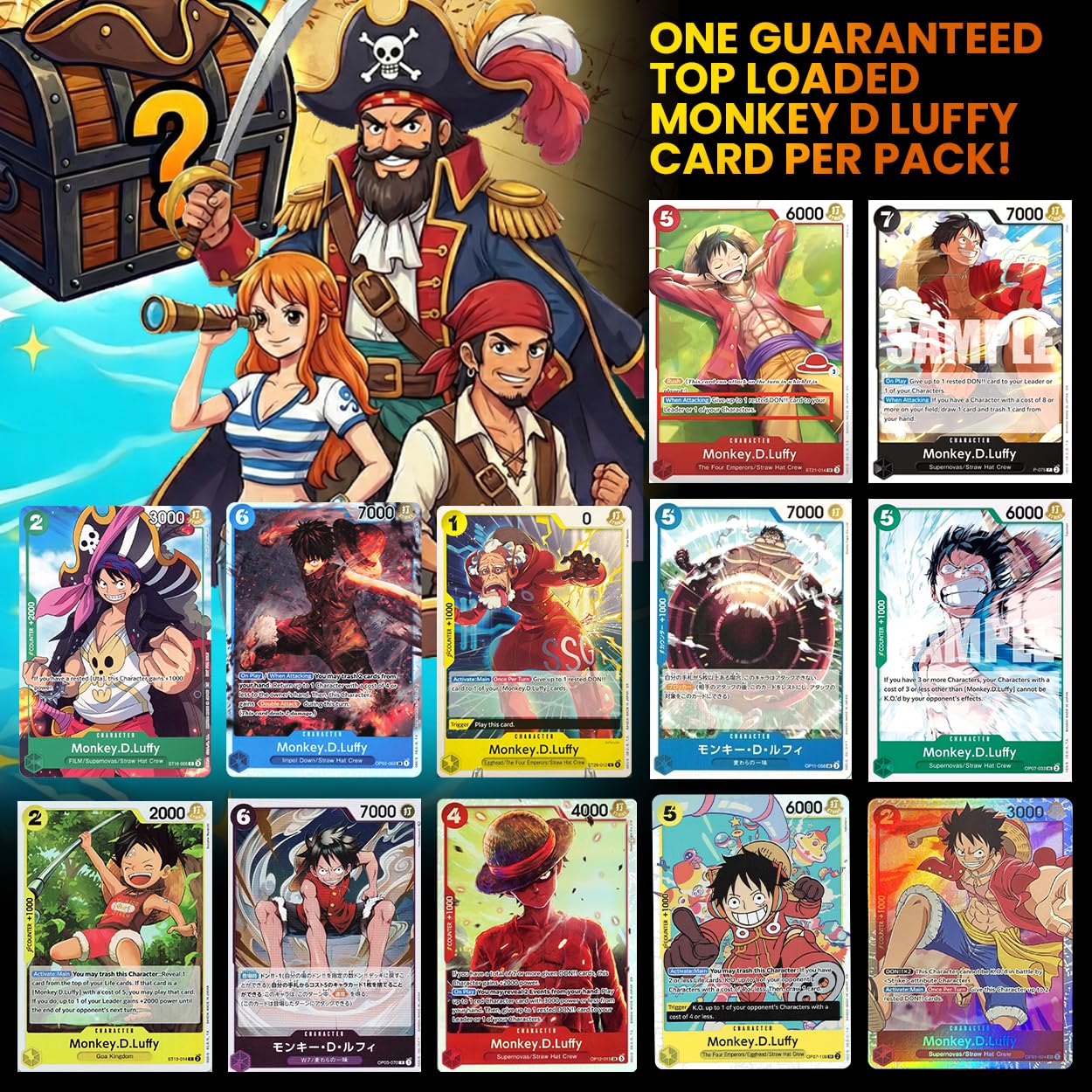 One Piece Card Game Mystery Pack Bundle - 6 Sealed Booster Packs (OP-09, OP-10, OP-13) + Ultra Pro Card Sleeves - Authentic Japanese TCG Packs
