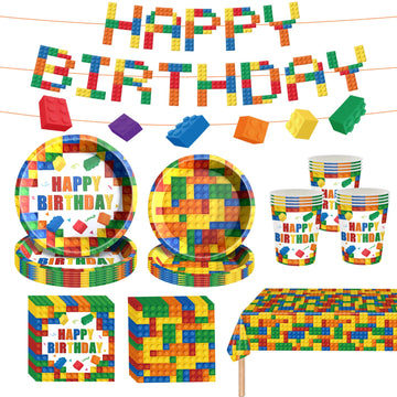 Building Block Birthday Party Supplies Colorful Building Block Party Decorations Includes Paper Plates Napkins Cups Banner Tablecloth for Boys Kid’s