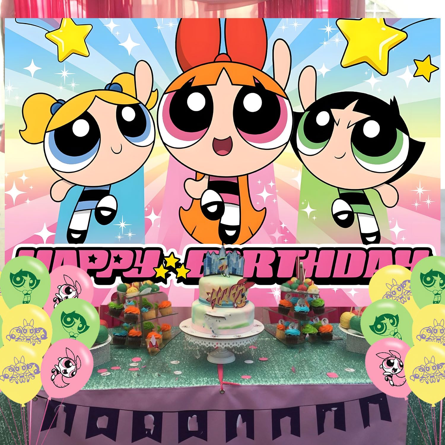 Power Girls Birthday Party Decoration,Power Girls Party Photo Background 5 x 3 FT and 18 Pcs Balloon,Merch Party Backdrop Supplies
