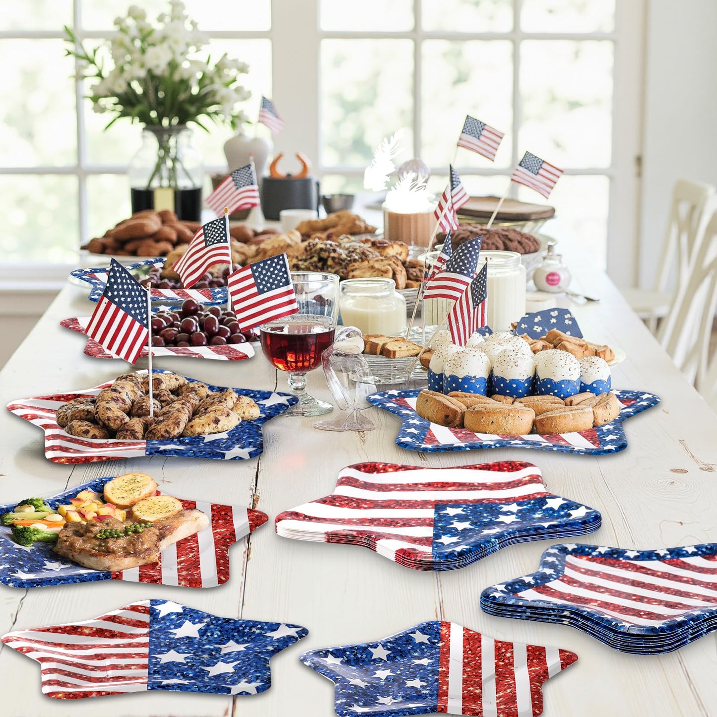 24 Pcs 4th of July Paper Plates - American Flag Patriotic Plate, Disposable Red White and Blue Star Shaped Dinner Dessert Plates Tableware for July