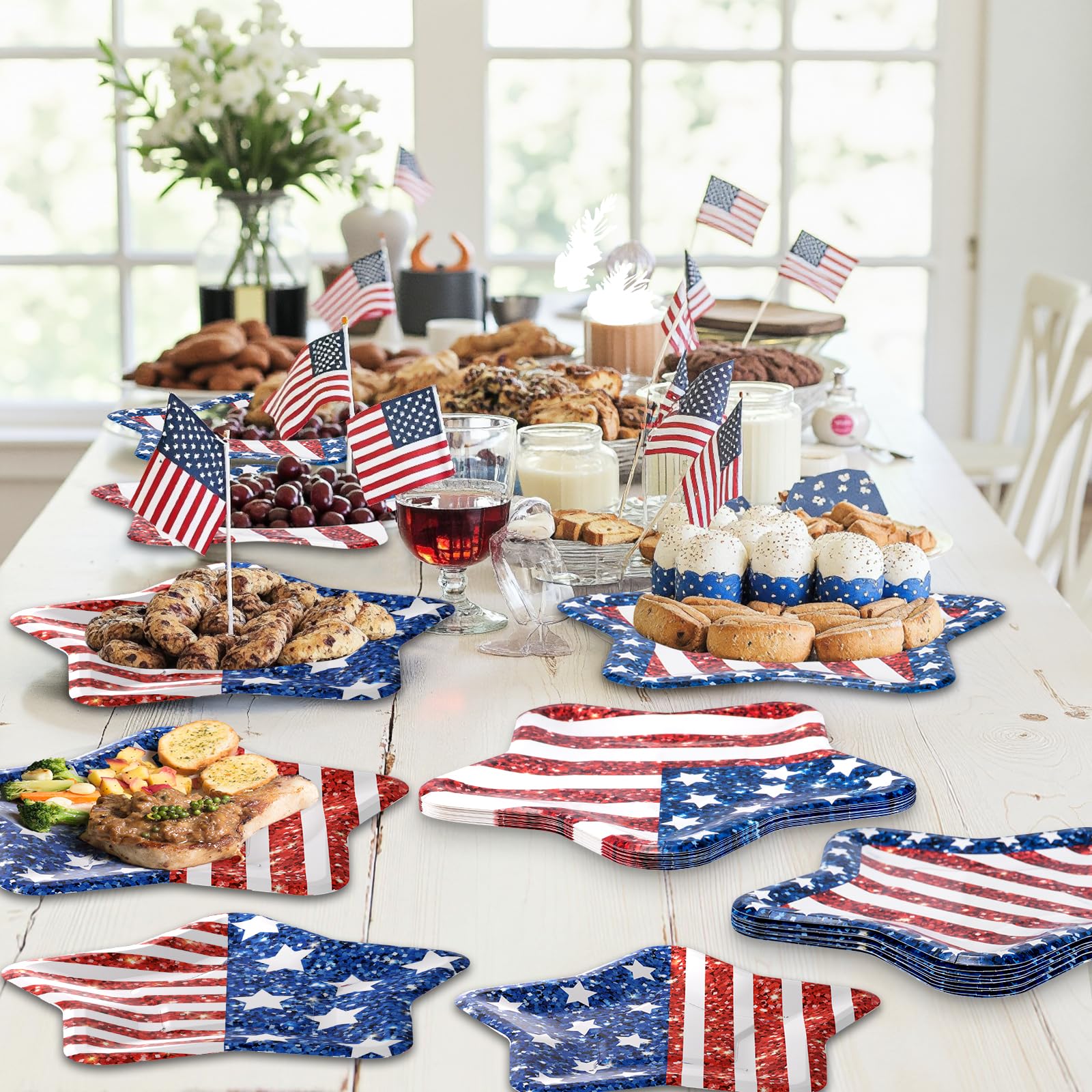 24 Pcs 4th of July Paper Plates - American Flag Patriotic Plate, Disposable Red White and Blue Star Shaped Dinner Dessert Plates Tableware for July