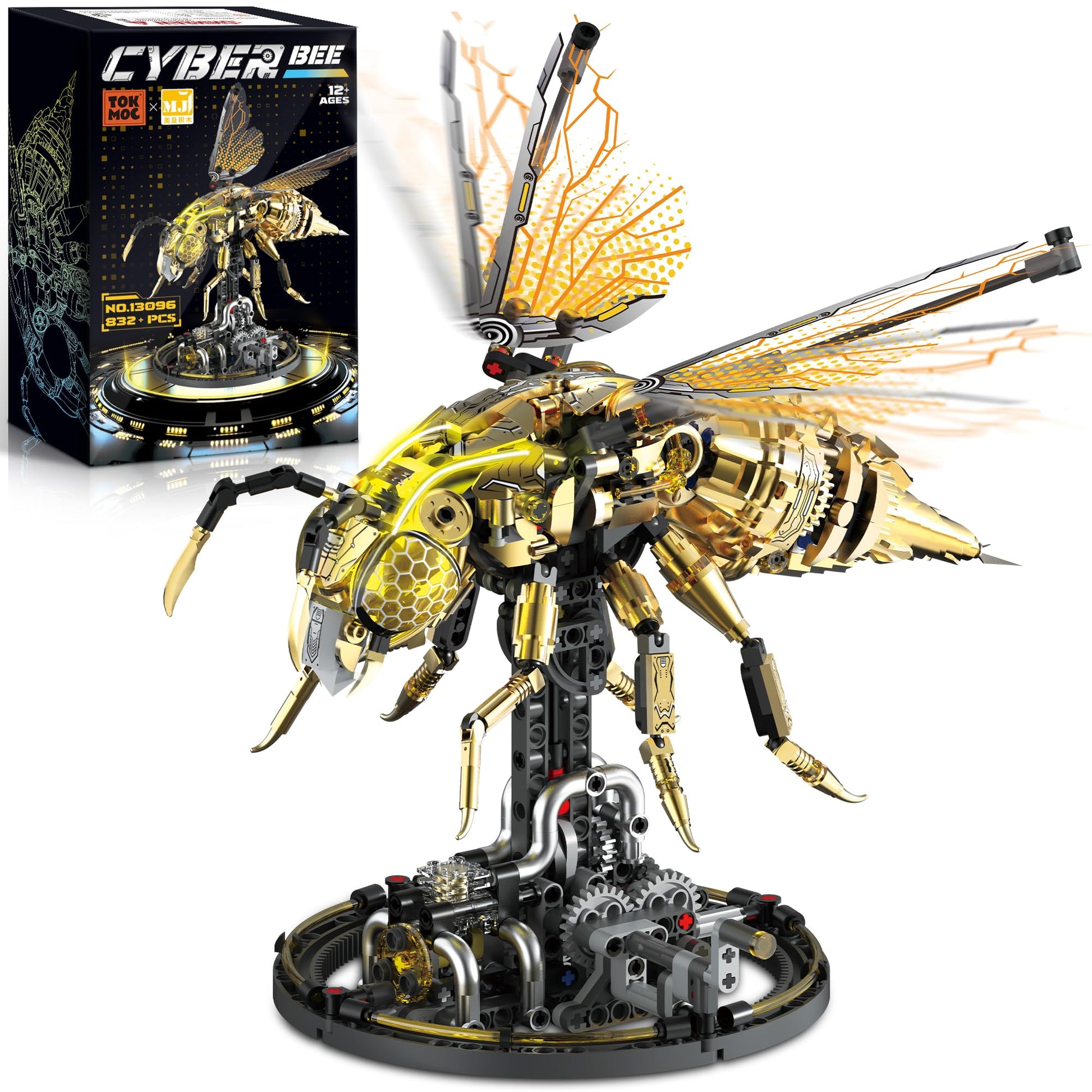 OrbBlaster Mechanical Bee Building Set for Adults, Technic Animal Building Block Insect Model with Lights & Moving Wings, Golden Robot Bee Collectible