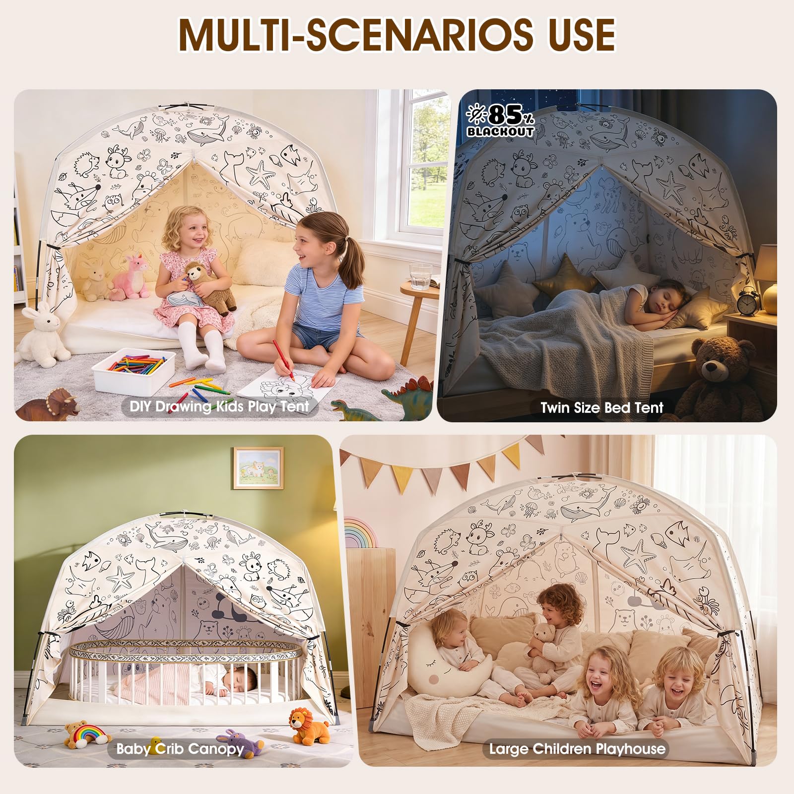 GOLDEN MARS Large Kids Tent with Graffiti DIY Painting, Portable & Foldable Easy Set Up Kids Play Tent, 100% Breathable Twin Bed Tents for Boy Girl