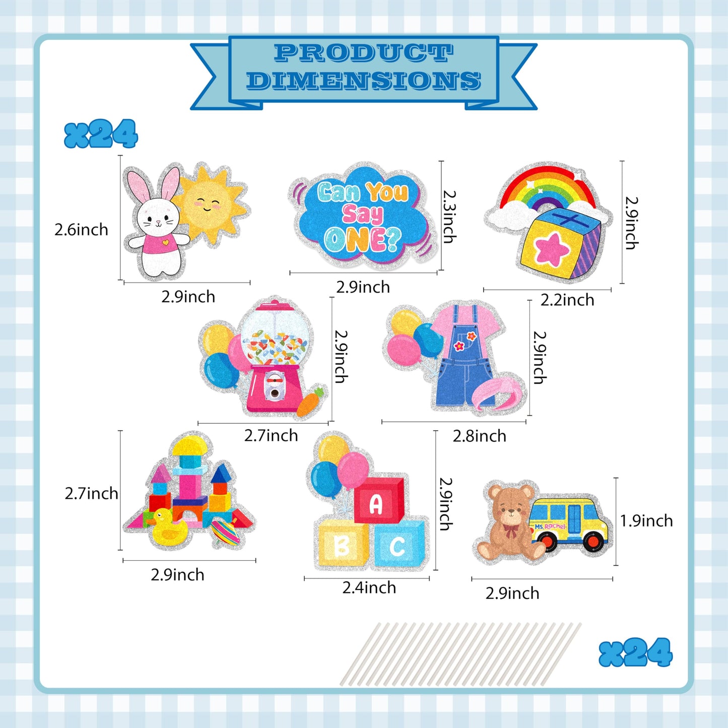 24Pcs Can You Say 1st Birthday Cupcake Toppers - Glitter Rachell Teacher Party Decorations For Rachel Cartoon English Rainbow ABC Themed One Year Old