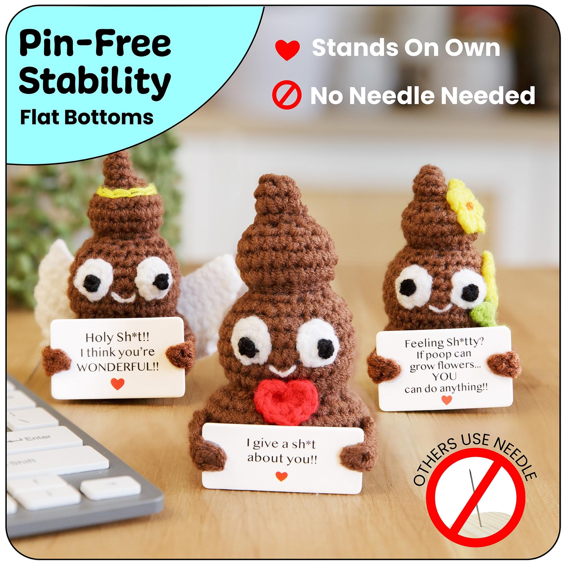 Funny Crochet Positive Poo | Poop Plush Set of 3 for Women, Coworkers, Men & Teens | Handmade Emotional Support Crochet for Room & Bathroom Decor