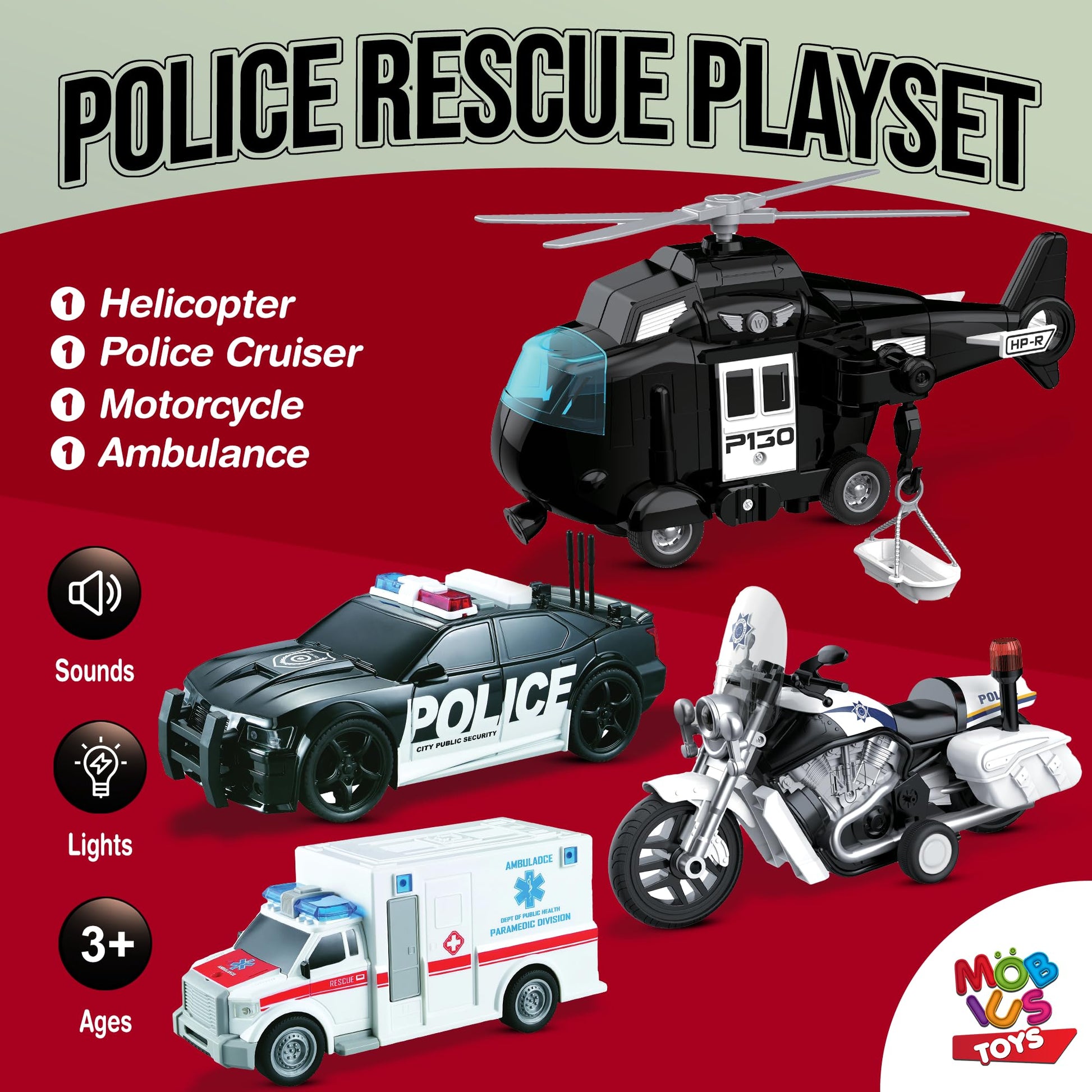 MOBIUS Toys Police Car PlaySet - Push-and-Go Police Vehicle with Lights, Sirens & Sounds - Durable BPA-Free Rescue Car for Kids Ages 3-7 - Educational