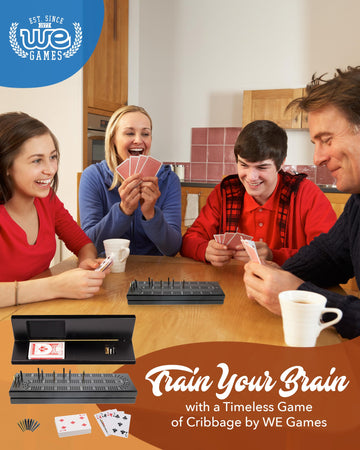 WE Games Wooden Cribbage Board Game Set with Storage, Black Stained Continuous 3 Track Card Game for 2-3 Players