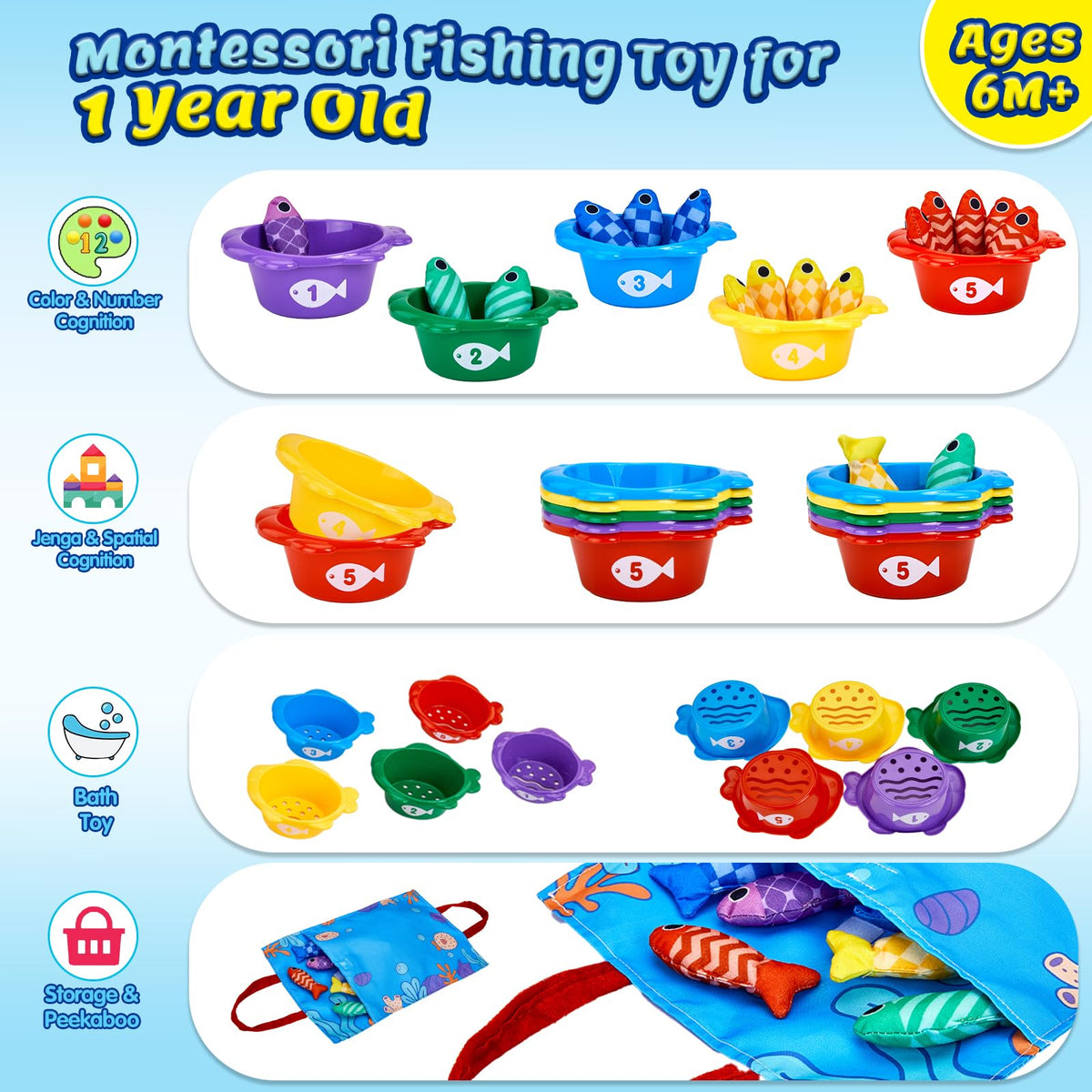 Gacoman Montessori Toys for 1 Year Old - Cloth Fishing Game for Toddler1-3 with Stacking Cups, Number Color Stacking & Counting, Educational Baby Toys