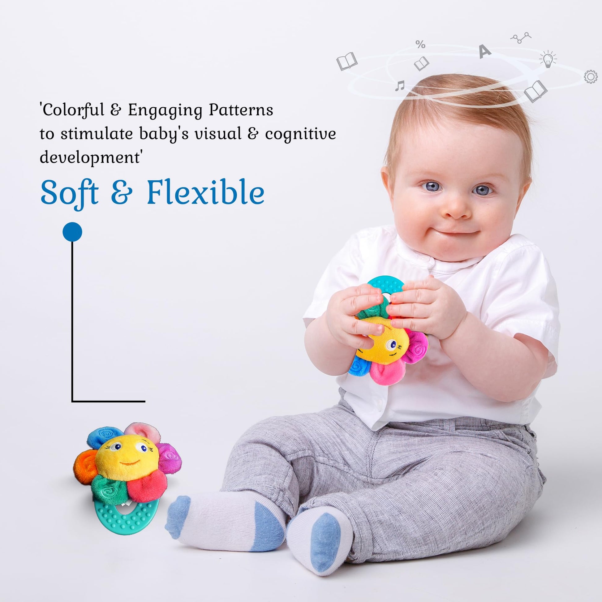 Wristy Buddy Teething Ring for Babies 0-6 8 10 12 Months | Cute Soft Flower Teething Toys & Gloves | Baby Teething Relief Toy Pack | Infant Chew Toys