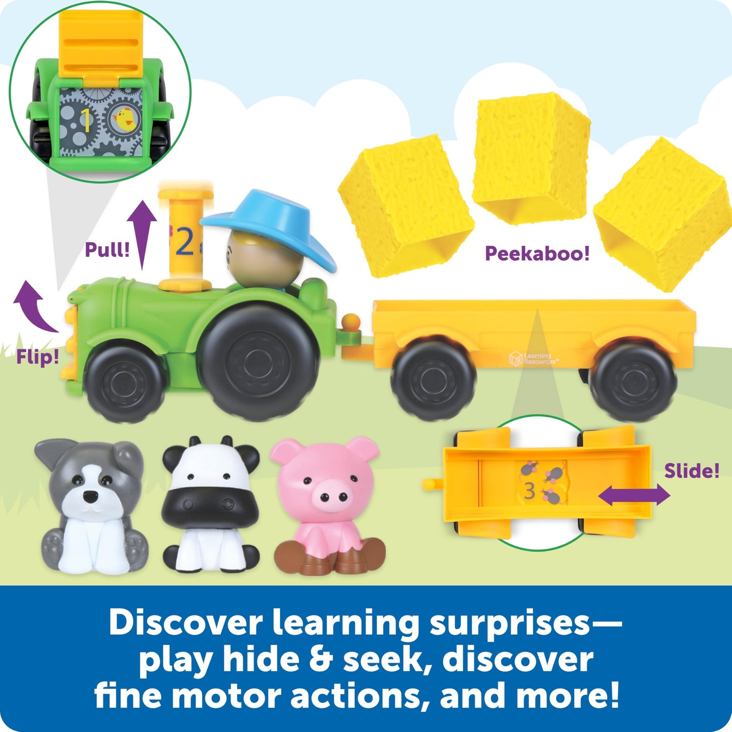 Learning Resources Peeksville Haul & Seek Tractor - Farm Animal Toys, Play Figure Playsets, Barnyard Toys, Toddler Farm Playset, Farmer Toy, Animal