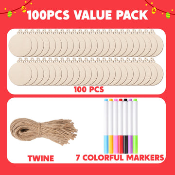 JOYIN 100 Pcs Christmas Wooden Hanging Ornaments with 8 Colored Pens, Unfinished Wood Round Ornaments to Paint for Kids Crafts, DIY Coloring Ornament