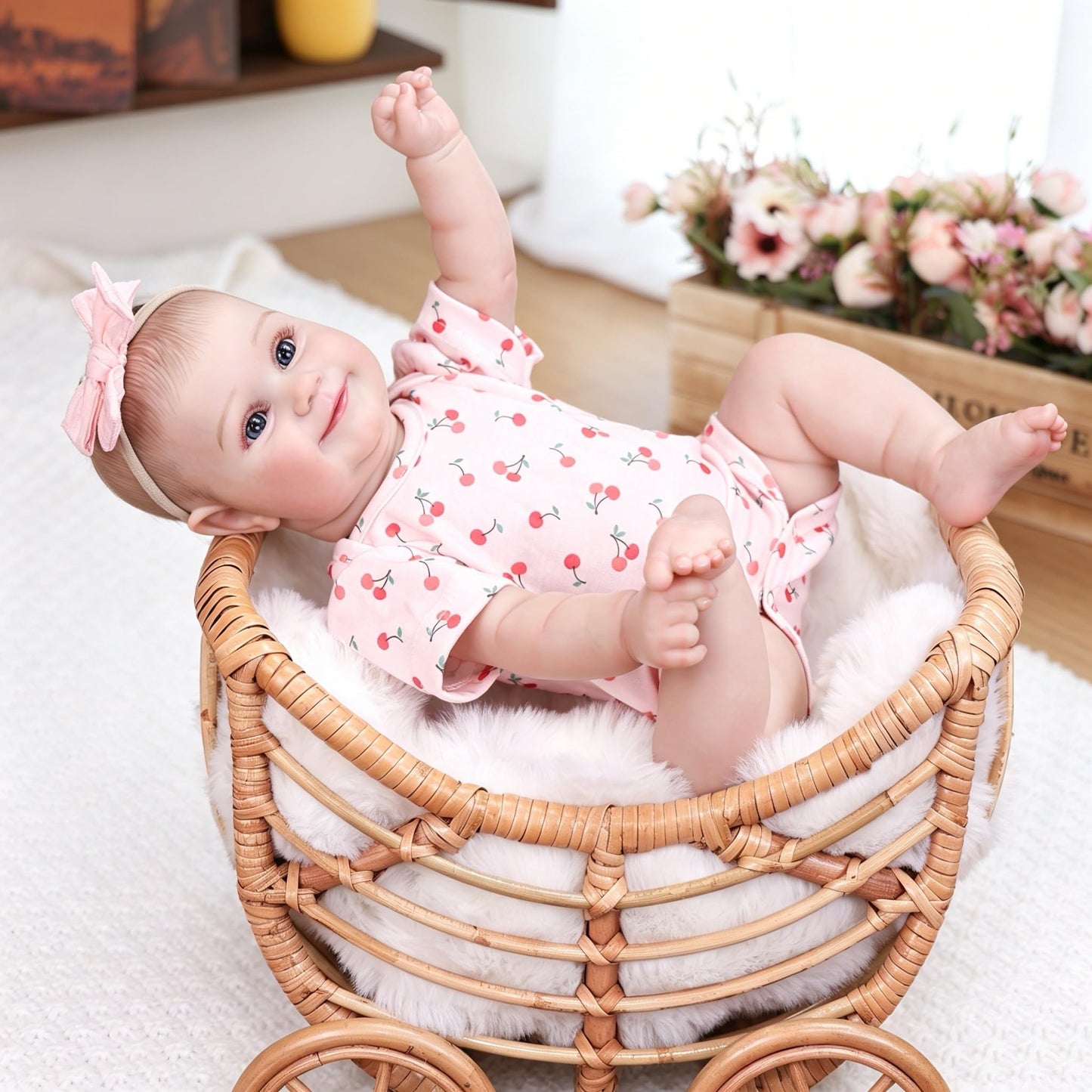 Tookyhill Reborn Baby Dolls- 18 Inch Full Vinyl Realistic Baby Doll Poseable Smiling Real Life Baby Girl with Blue Eyes, Pink Cherry Outfit & Headband
