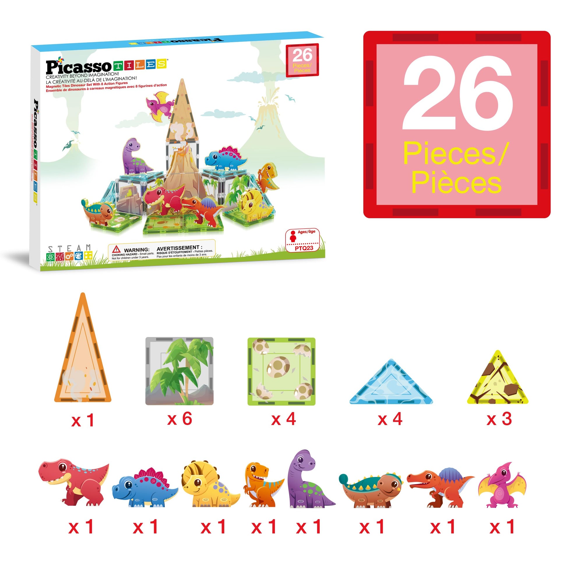 PicassoTiles Magnet Tile Building Blocks Dinosaur World Themed Playset with 8 Animal Character Action Figures Magnetic Tiles STEM Learning Pretend