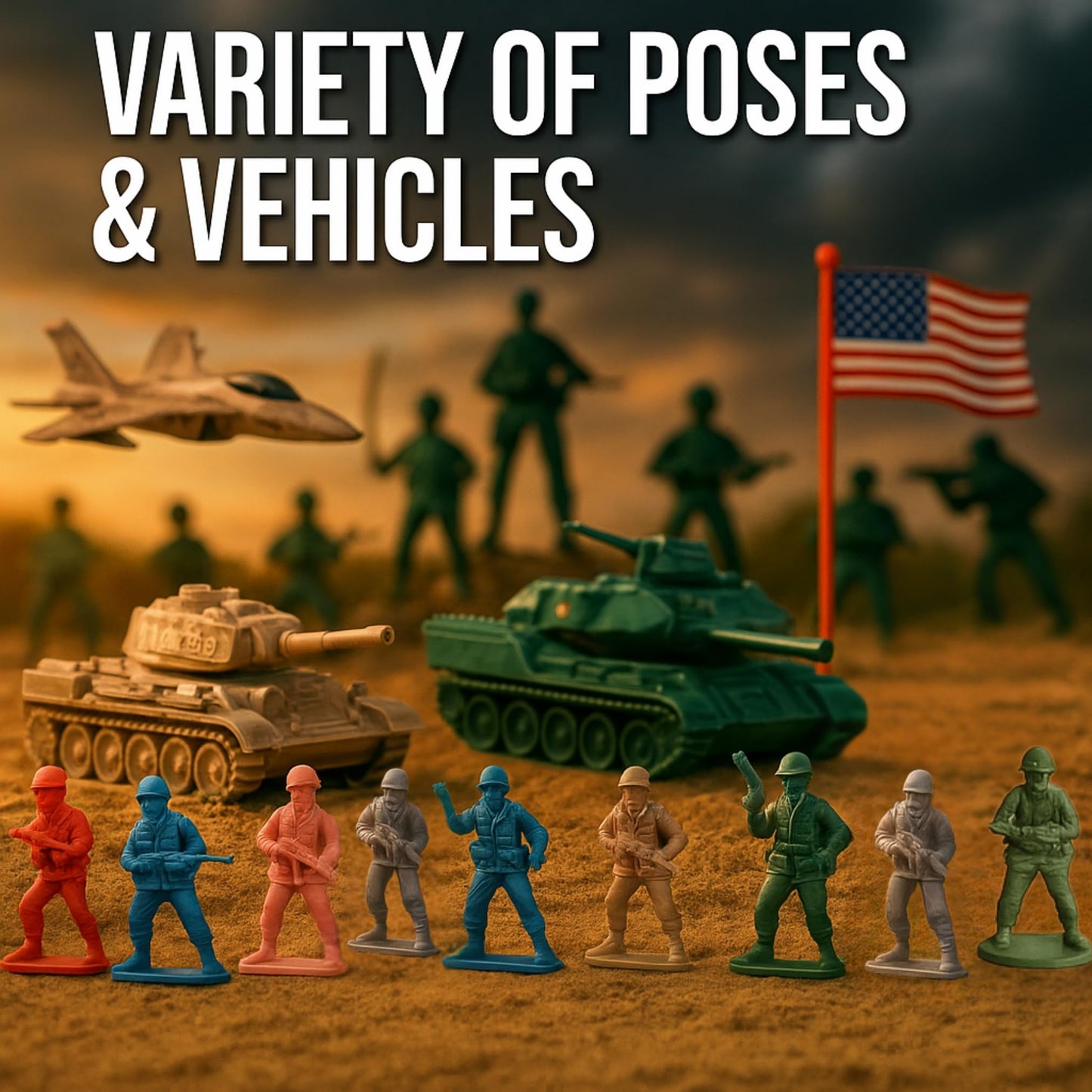 Liberty Imports Army Men Toy Soldiers Playset Bucket - WWII Action Figures with Military Vehicles, Accessories & Flags - Kids Imaginative Battle Toy