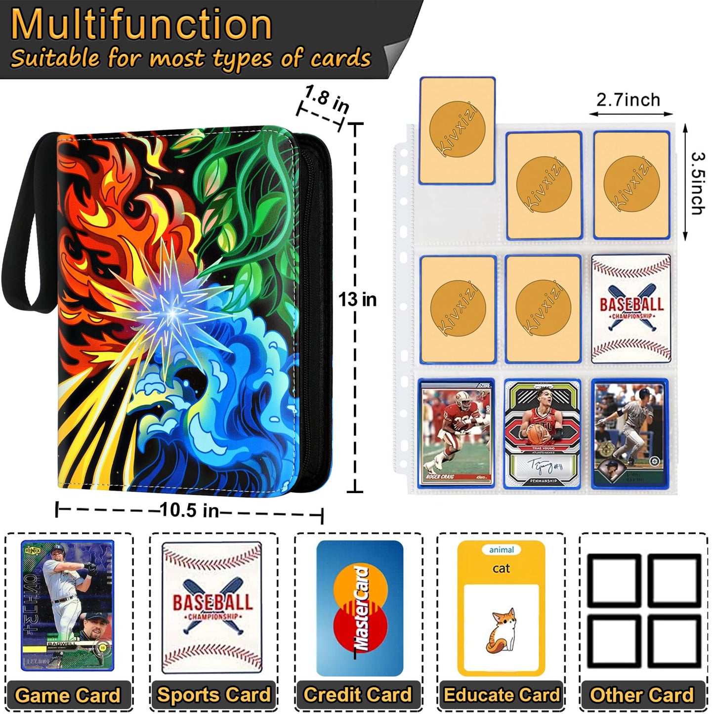 Trading Card Binder, 9 Pocket Card Binder for Cards Display and Storage, Card Holder with 50 Removable Sleeves, Zipper Card Ablum Book Case for