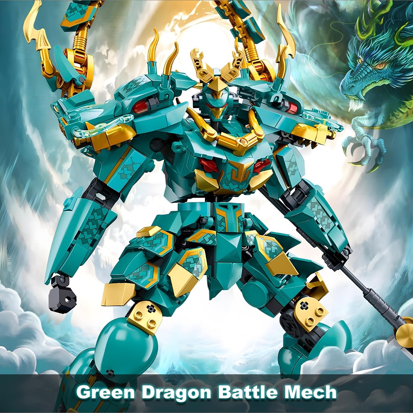 HIGH GODO Mech Robot Building Blocks Set for Adults, Cool Green Dragon Warrior Model Kit with Long Spear Toy Playset, 704 Pieces Collectible Mythical