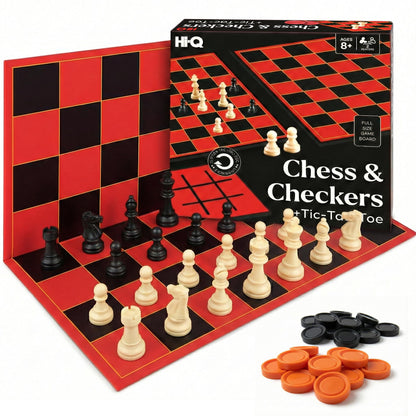 Hi-Q 3-in-1 Chess, Checkers & Tic-Tac-Toe Game Set - Double-Sided Folding Board - Staunton Style Pieces & Interlocking Checkers - Classic Strategy