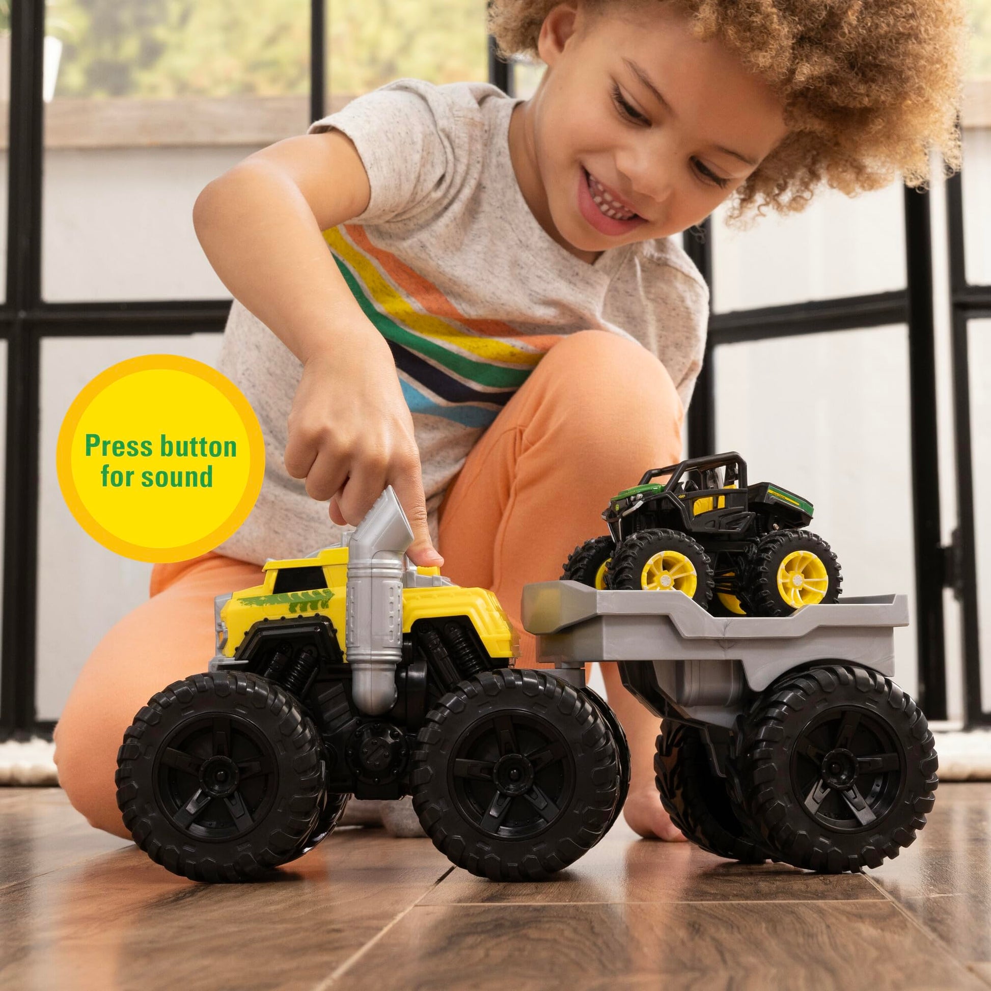 TOMY Monster Treads John Deere Roaring Rev Up Hauler Monster Truck Toy Set - Includes Monster Truck, Trailer, and John Deere Gator - Construction Toys