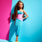 Barbie Looks Fashion Doll with Brown Hair Wearing One-Shoulder Pink & Blue Midi Dress, Collectible with Posable Made to Move Body