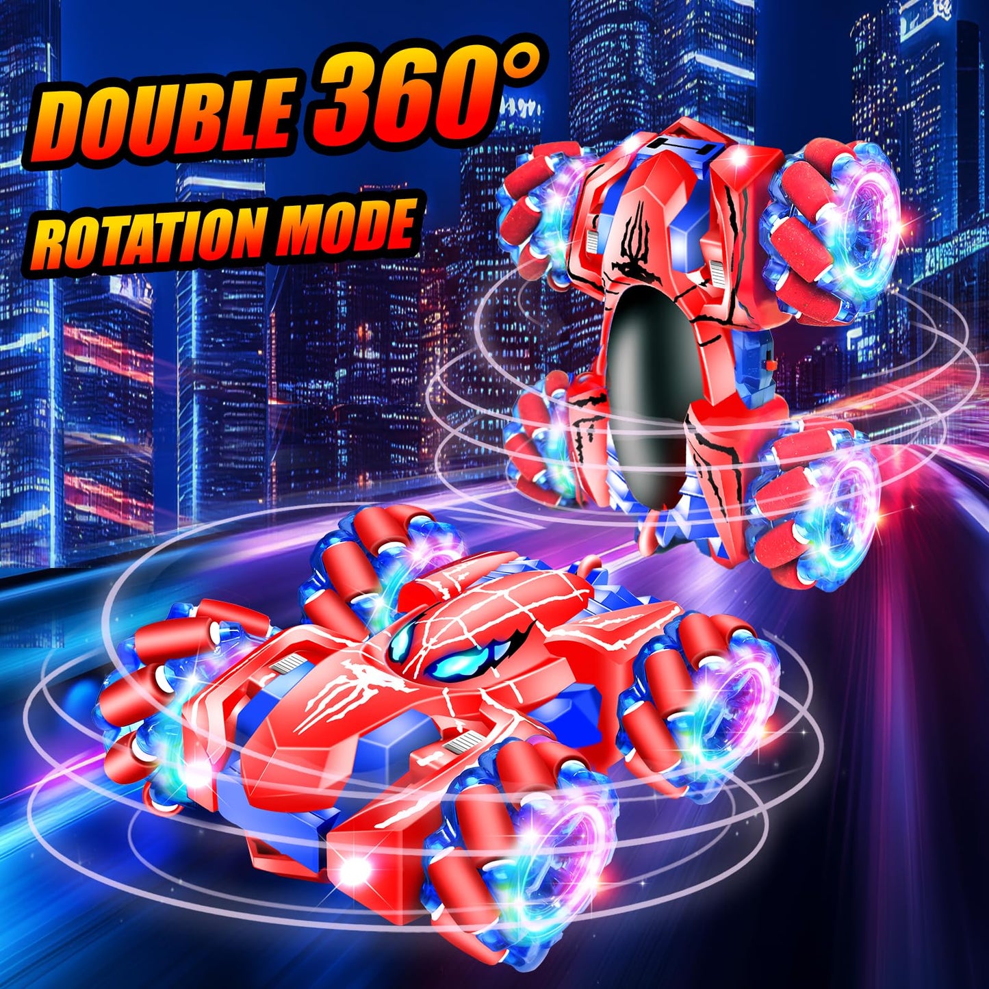 GDRic Spider Remote Control Car, 2.4Ghz Rechargeable Rc Cars 360° Rotating 4WD Stunt Car with Cool Lights | Double Sided Drift | Indoor Toys for Kids