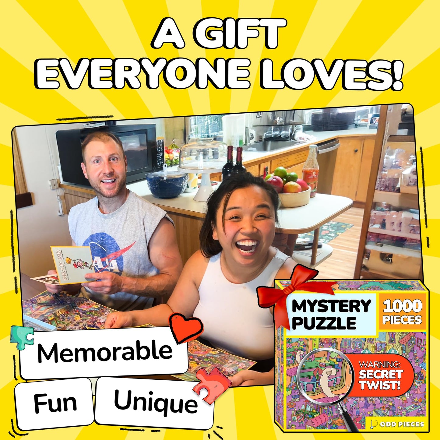 Odd Pieces Jigsaw Puzzles 1000 Pieces with Storytelling Comics, for Women, White Elephant, Mystery Puzzle for Adults & Kids - 19.7'' x 27.6''