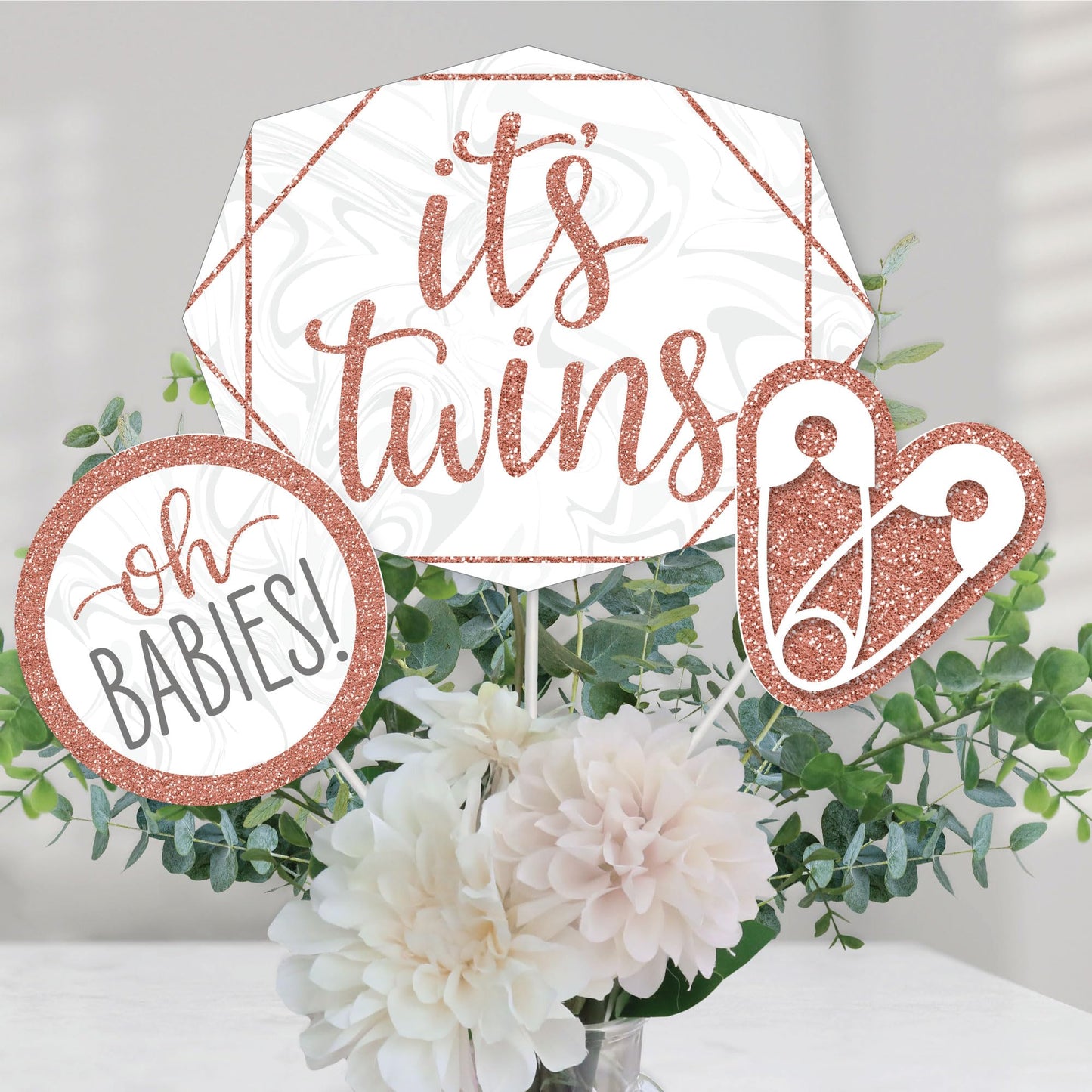 Big Dot of Happiness It's Twin Girls - Pink and Rose Gold Baby Shower Centerpiece Sticks - Table Toppers - Set of 15