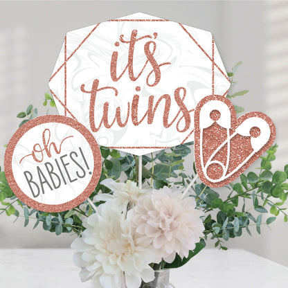Big Dot of Happiness It's Twin Girls - Pink and Rose Gold Baby Shower Centerpiece Sticks - Table Toppers - Set of 15