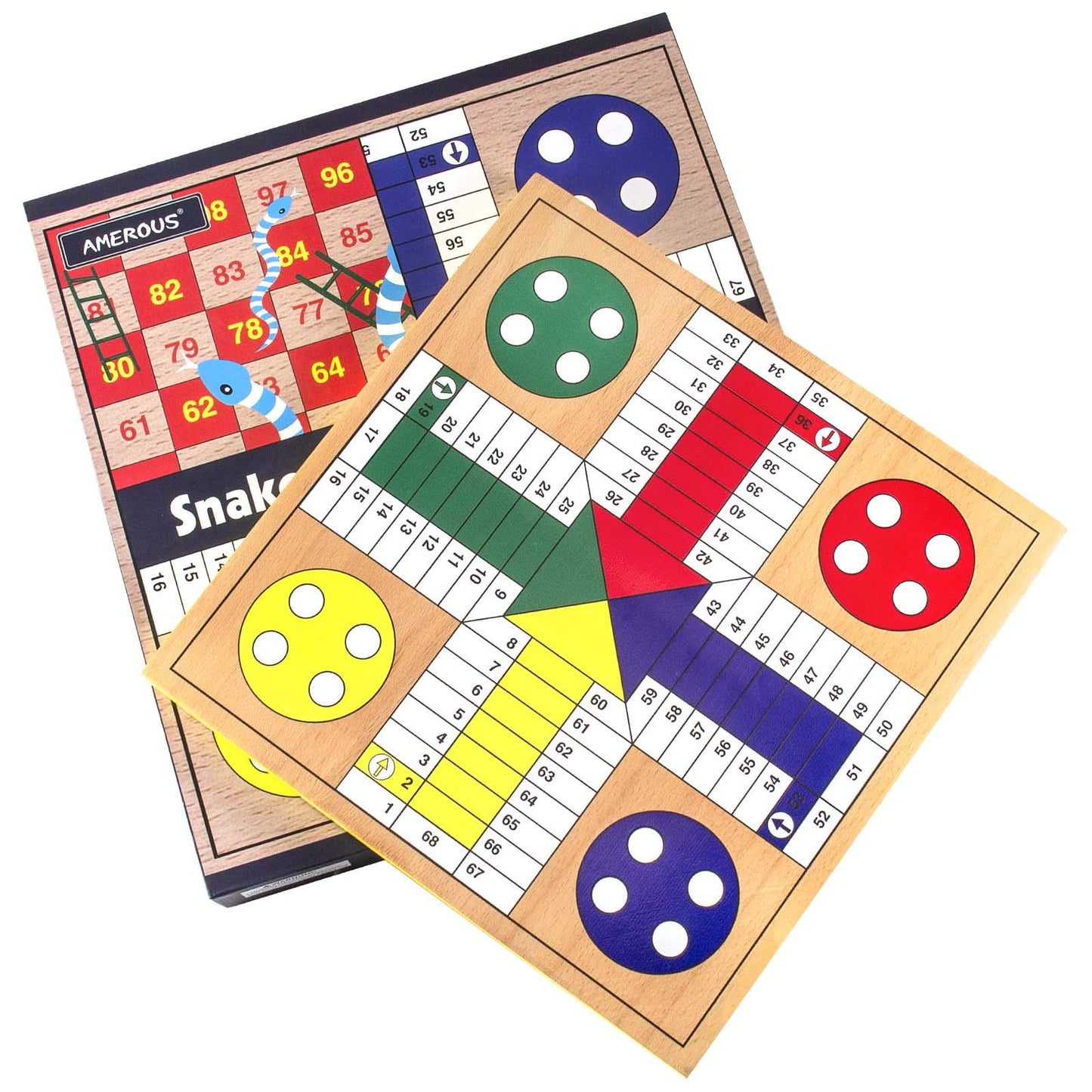 AMEROUS 12 inches Wooden Ludo Board Game - Snakes and Ladders, 2 in 1 Reversible, 1-4 Players Family Dice Games Set for Kids, Adults, Classics