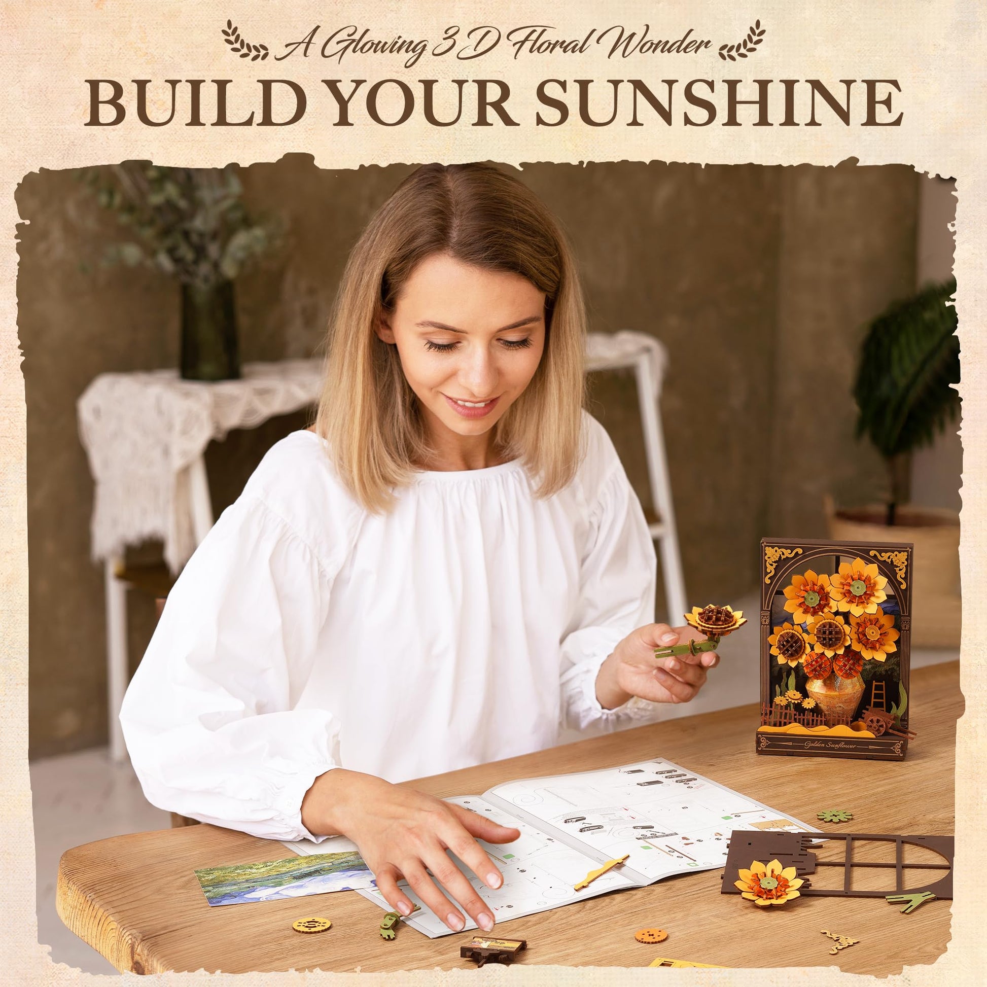 ROBOTIME Wooden Flower Golden Sunflower Building Sets for Adult with Lights TH002, Van Gogh Wall Art Crafts, Painting Frame Room Decor, Valentine's