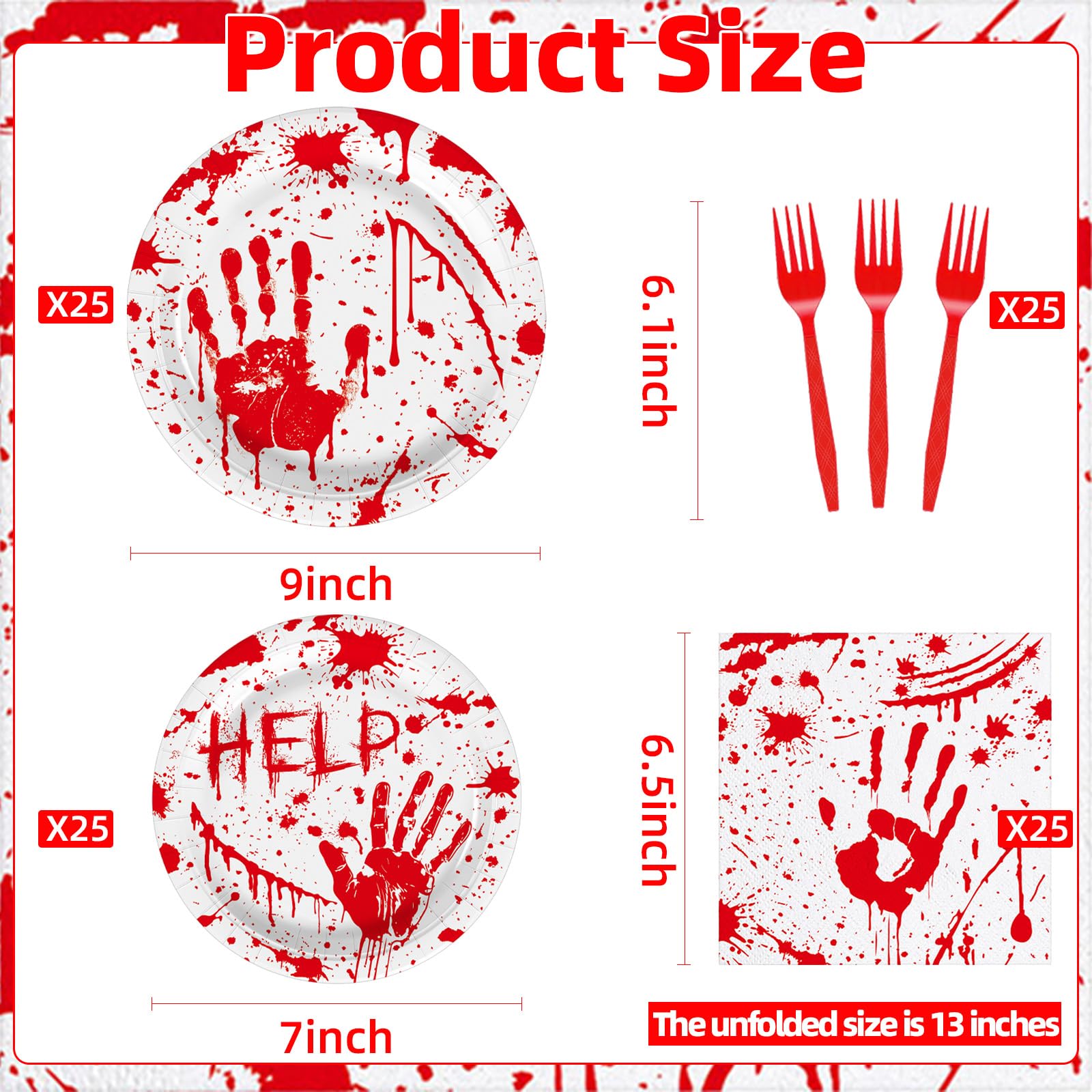 100 Pieces Halloween Bloody Party Tableware Set - Disposable Plates, Napkins, and Red Forks with Blood Handprint and Splatter Design for Halloween