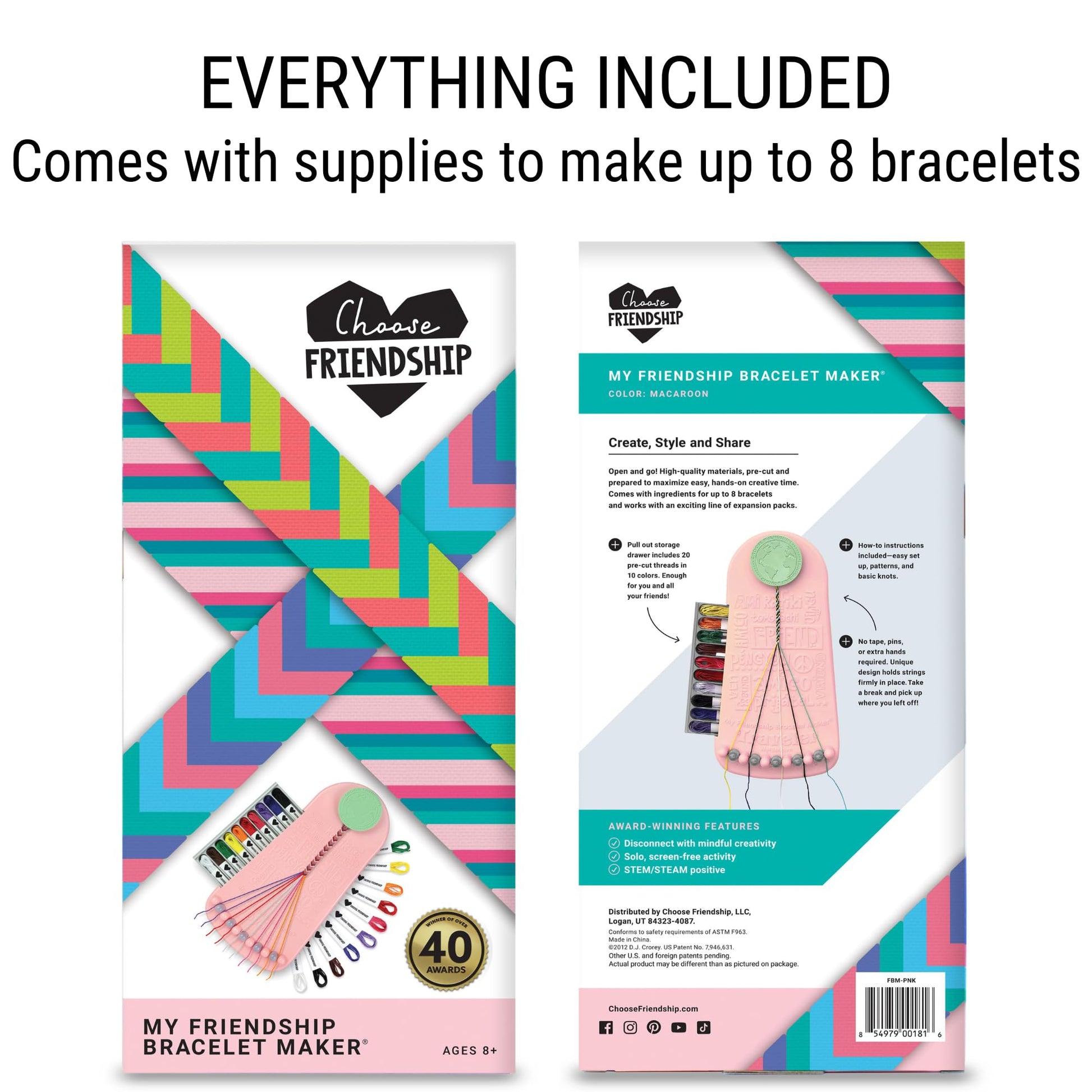 Choose Friendship Bracelet Making Kit - 20 Pre-Cut Threads, Portable Loom with Storage, Makes 8 Bracelets, Craft Gift for Kids Ages 8+, Blush Pink