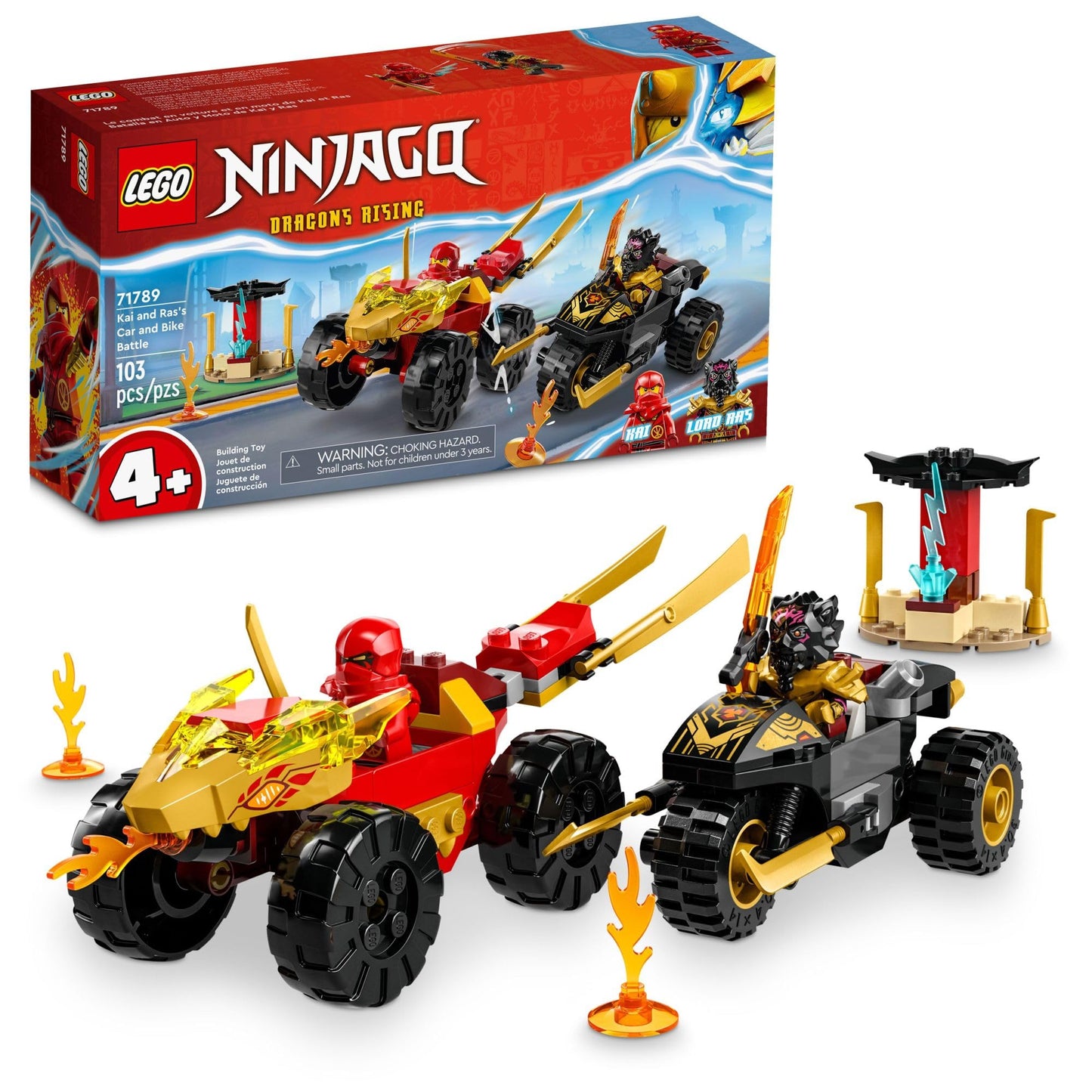 LEGO NINJAGO Kai and Ras’ Car and Bike Battle 71789 Beginner Building Toy Set, Features a Ninja Car Toy and Bike Plus 2 Minifigures, Birthday Gift
