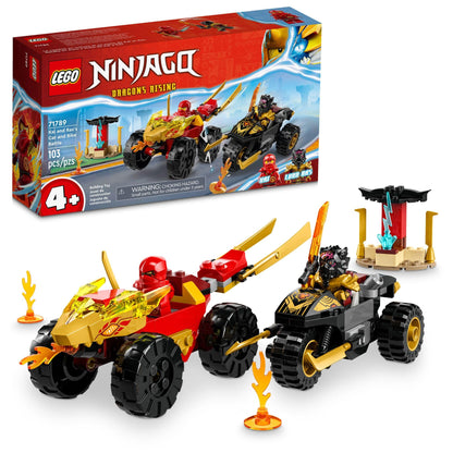 LEGO NINJAGO Kai and Ras’ Car and Bike Battle 71789 Beginner Building Toy Set, Features a Ninja Car Toy and Bike Plus 2 Minifigures, Birthday Gift