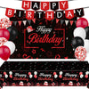 Red Birthday Background Party Supplies Decorations Red and Black Happy Birthday Banner Backdrop Tablecloth for Parties