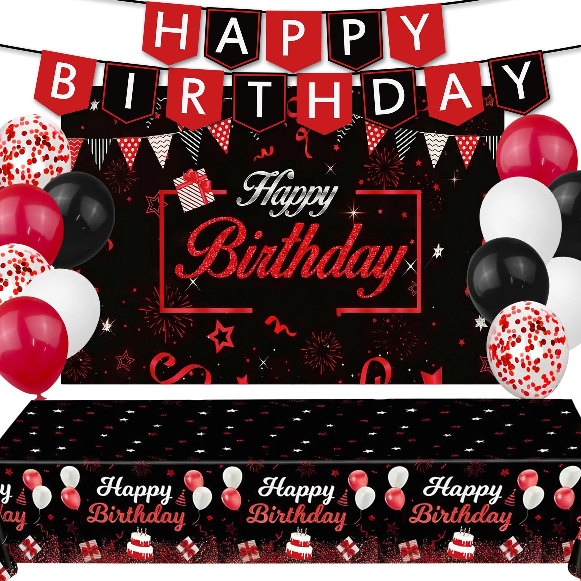 Red Birthday Background Party Supplies Decorations Red and Black Happy Birthday Banner Backdrop Tablecloth for Parties