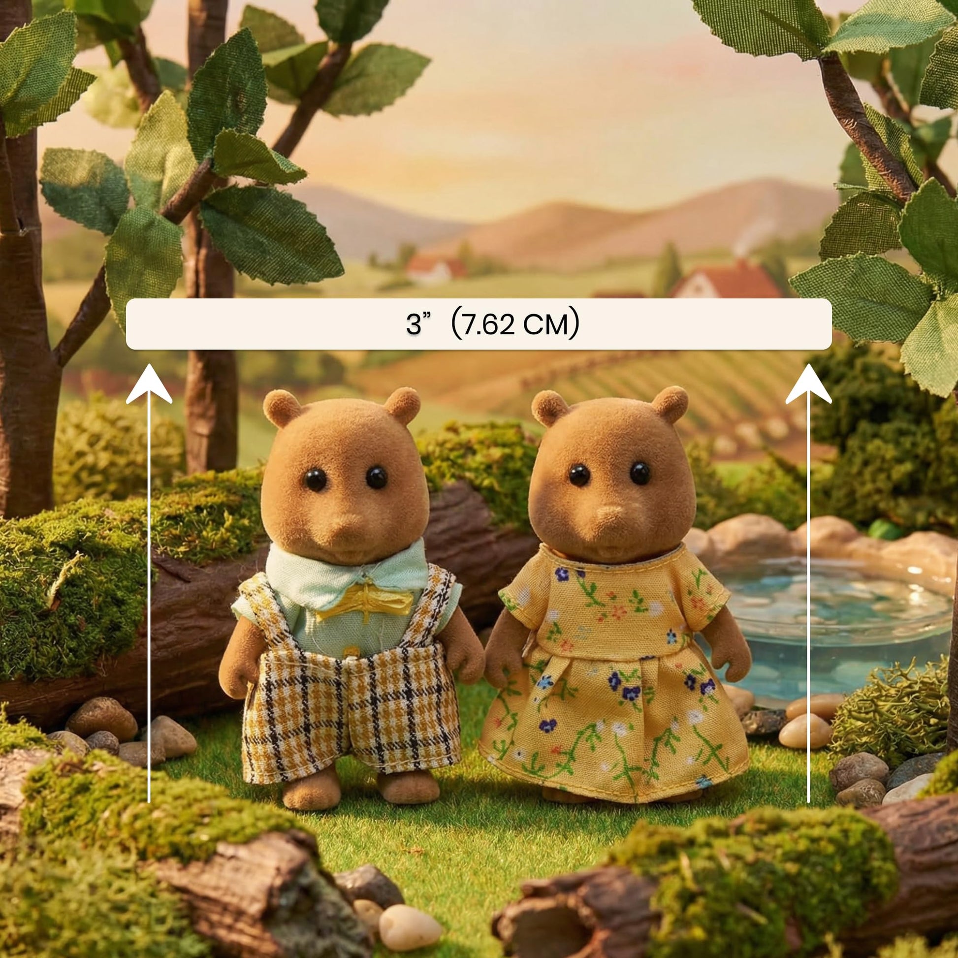 OLEOCA Family Brown Squirrel Figures - Set of 2 Collectible Flocked Mini Dolls with Removable Clothes, Dollhouse Pretend Play Set for Kids Ages 3+