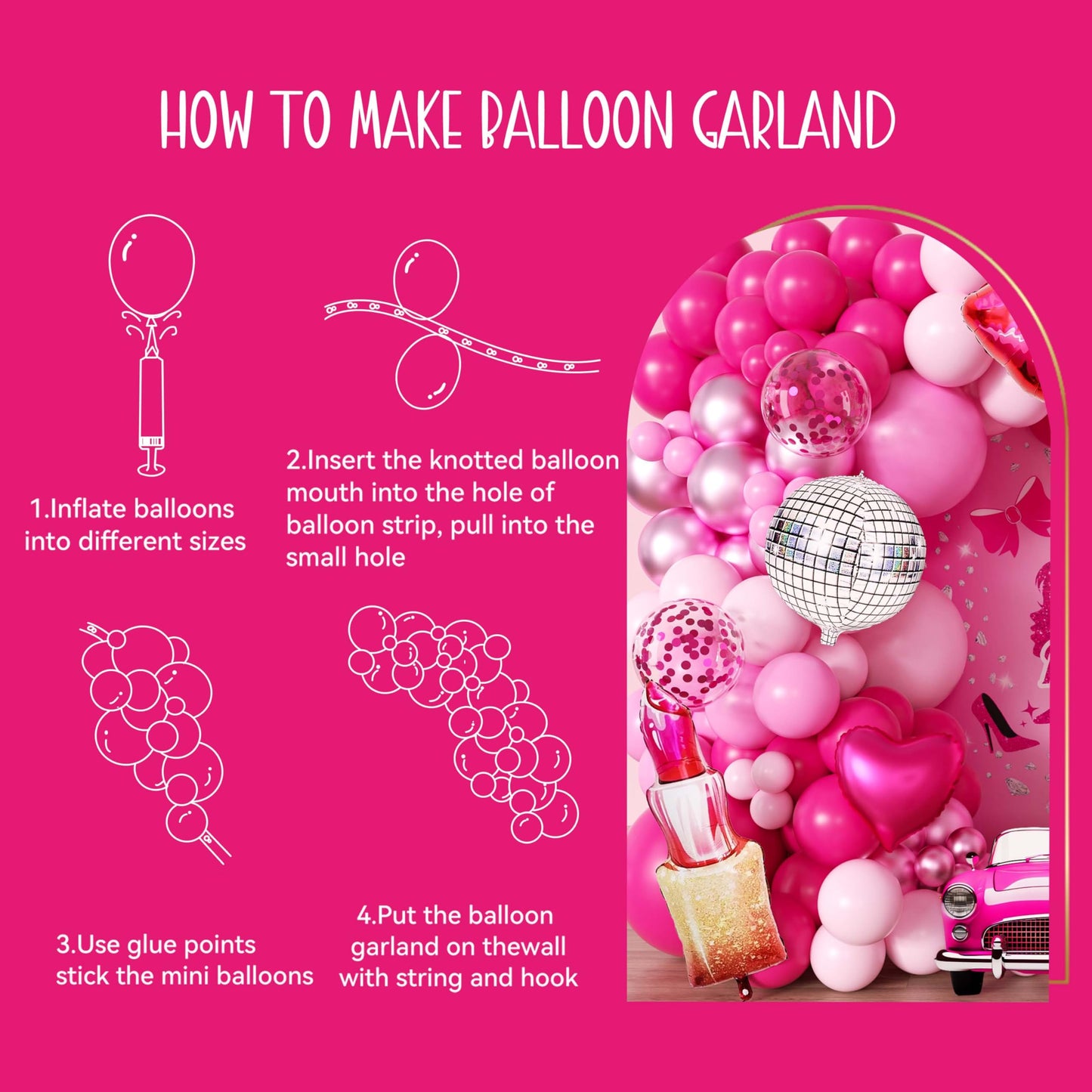 106pcs Hot Pink Balloon Garland Arch Kit with Giant Lipstick, Kiss Lips & Disco Ball Foil Balloons, 18/12/10/5 Inch Metallic Pink & Silver Star