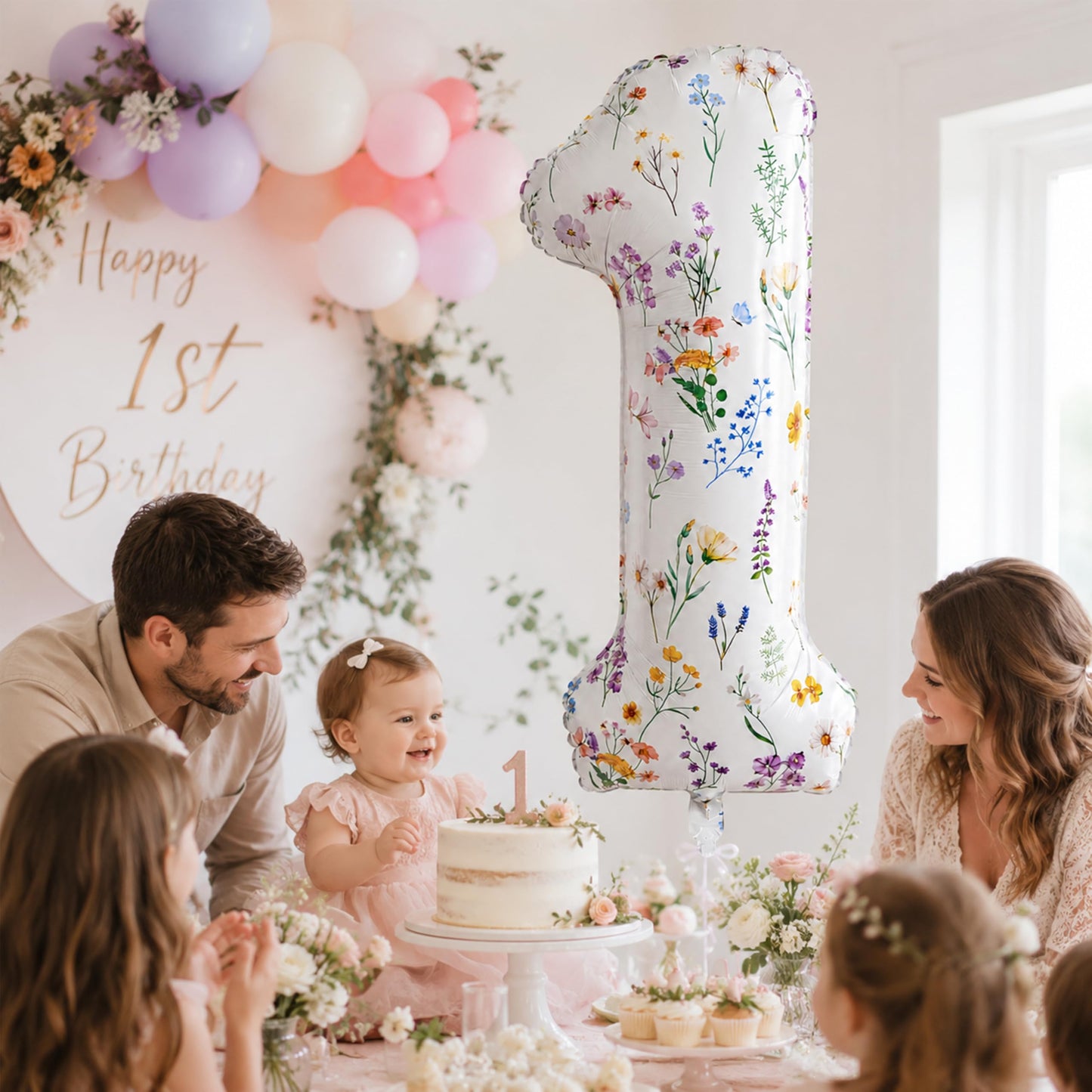 40 Inch Floral Number 1 Balloon, White Wildflower Foil Mylar Balloon for Girls 1st Birthday Decorations, Baby Girl One Year Old Birthday Party