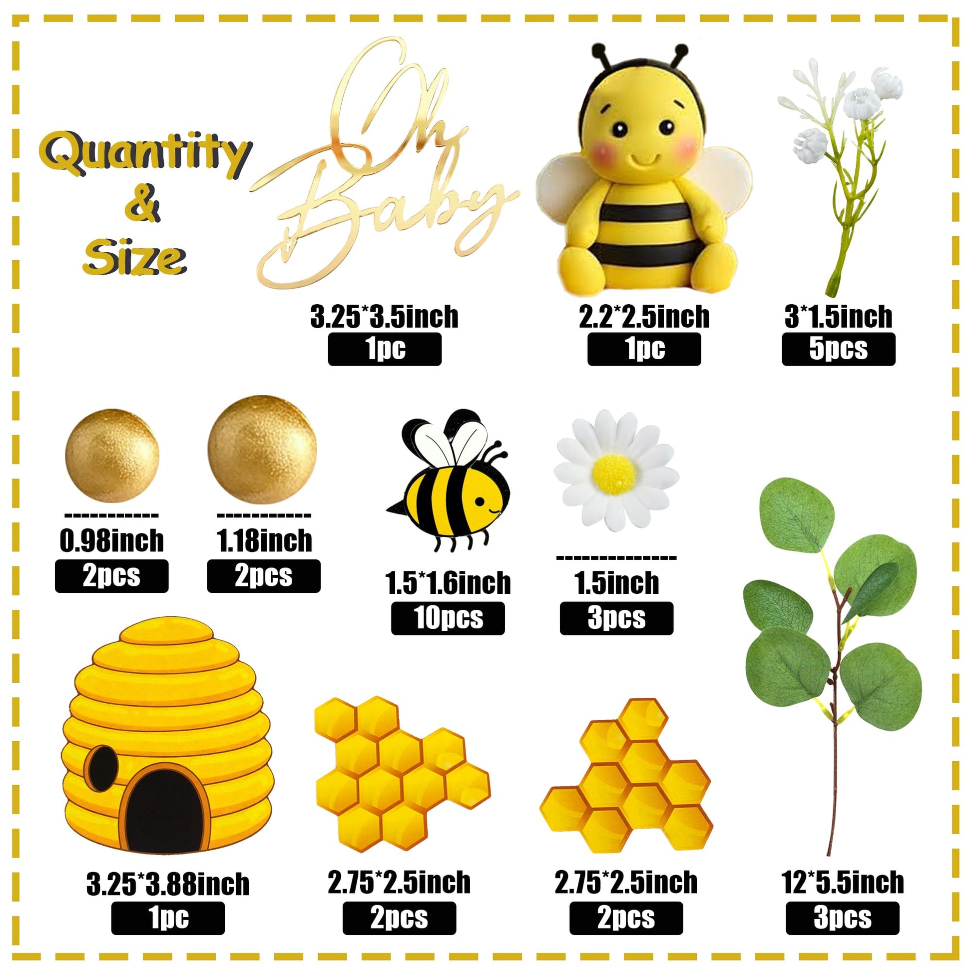 Bee Cake Topper with Bee Ornament Artificial Leaves Flowers Balls for Honeycomb Theme Birthday Supplies