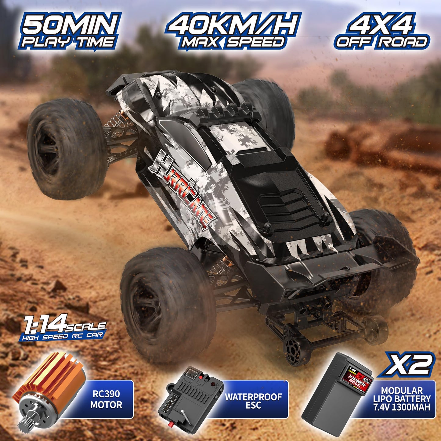 X-TMAGA 1:14 Scale All Terrain RC Cars for Adults & Boys (HS14323), Max Fast 40+ KPH, 4WD Off-Road RC Truck for Snow & Sand & Mud, 4X4 Waterproof