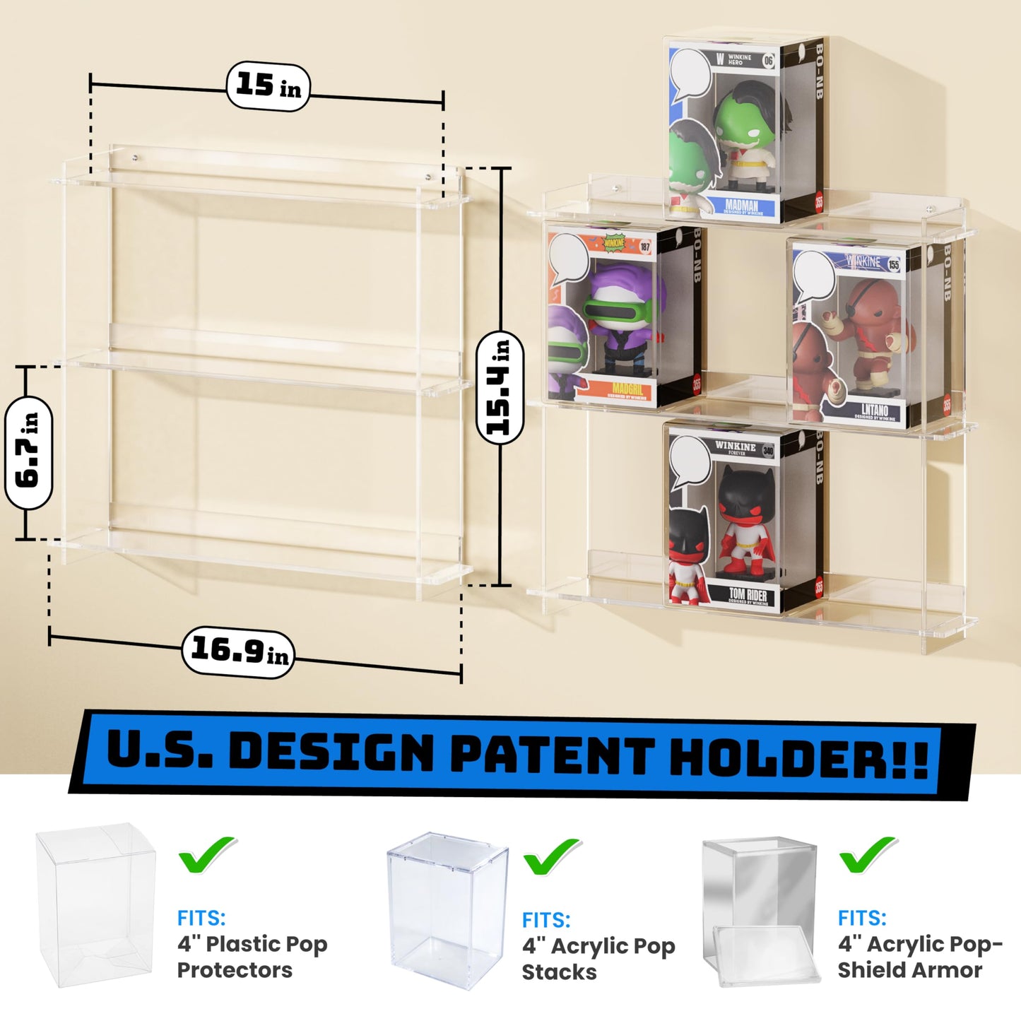 WINKINE Wall Display Shelves Compatible with 21 Funko Pop in Box, Easy Install - Only 2 Screws per Shelf, Acrylic Floating Shelves Stackable, Action