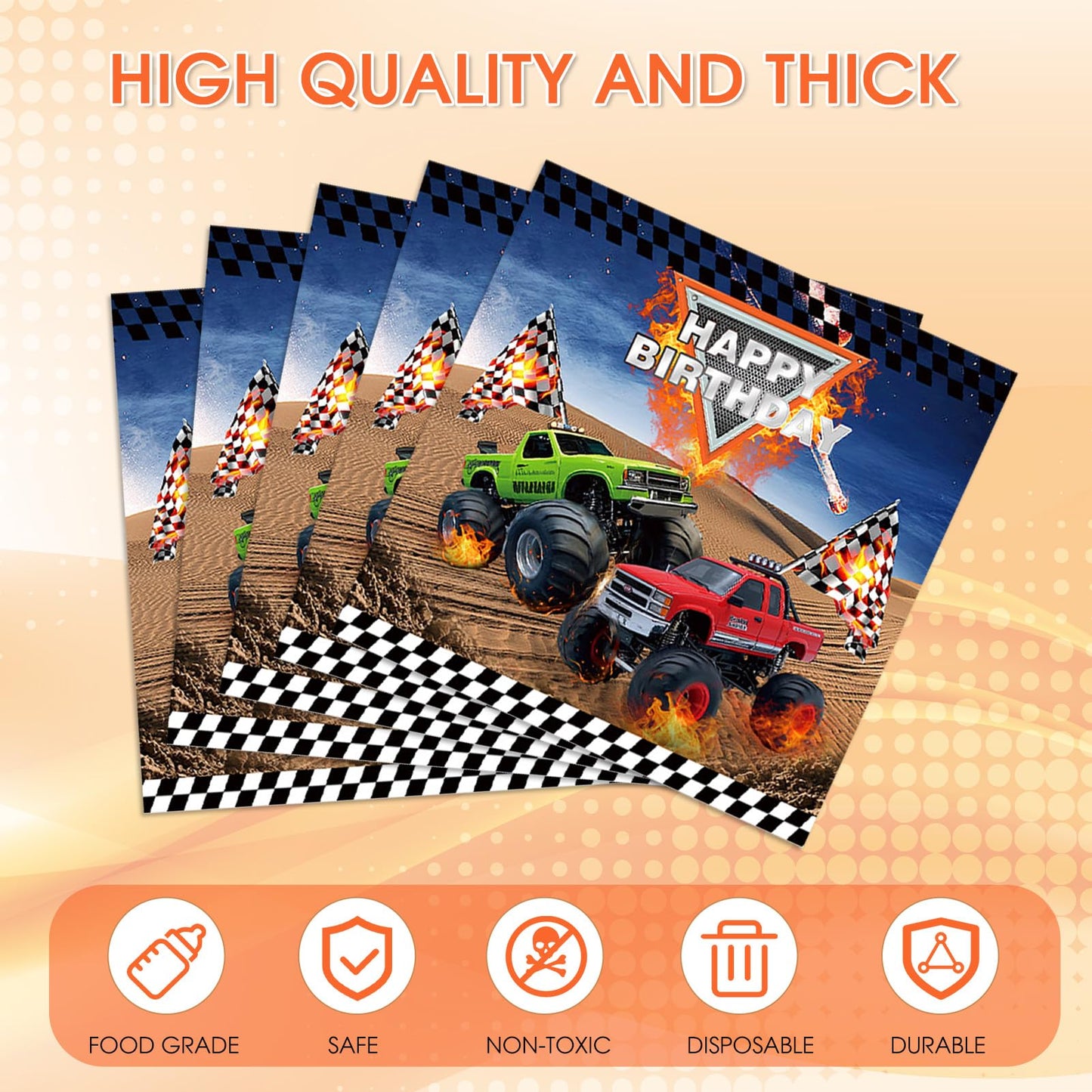 Monster Truck Birthday Decorations,40Pcs 6.5x6.5 Inch Monster Truck Napkins,Machines Jam Party Tableware Kit,Disposable Paper Napkins,for Kids Boys