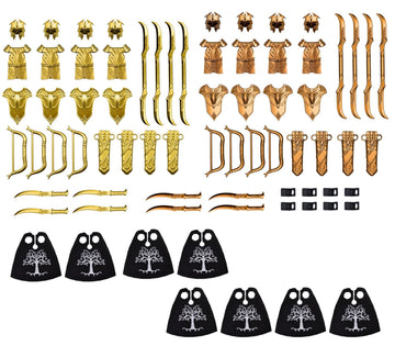 MAGMA BRICK Elf Metalic Gold and Rose Gold of Lances, Bows, Sword, Helm and Armour for Major Brand Building Block Minifigure 72 PCS